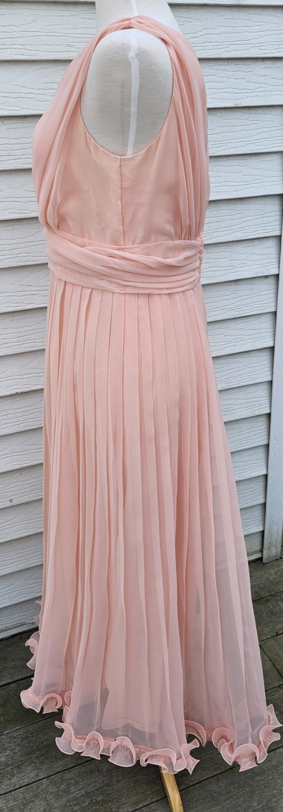 VTG 70s SHEER CHIFFON 2 PIECE PLEATED MAXI DRESS Peach Pink SZ 18 CAPE Grecian
