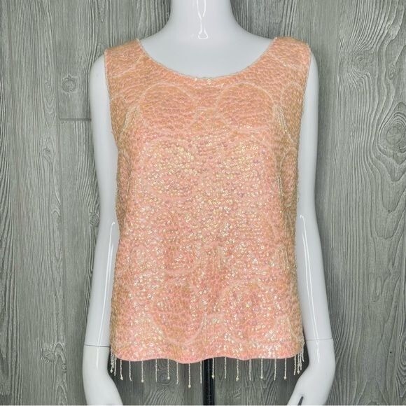 Vintage 1960s pink beaded sequin tassel fringe silk shirt barbie core sleeveless