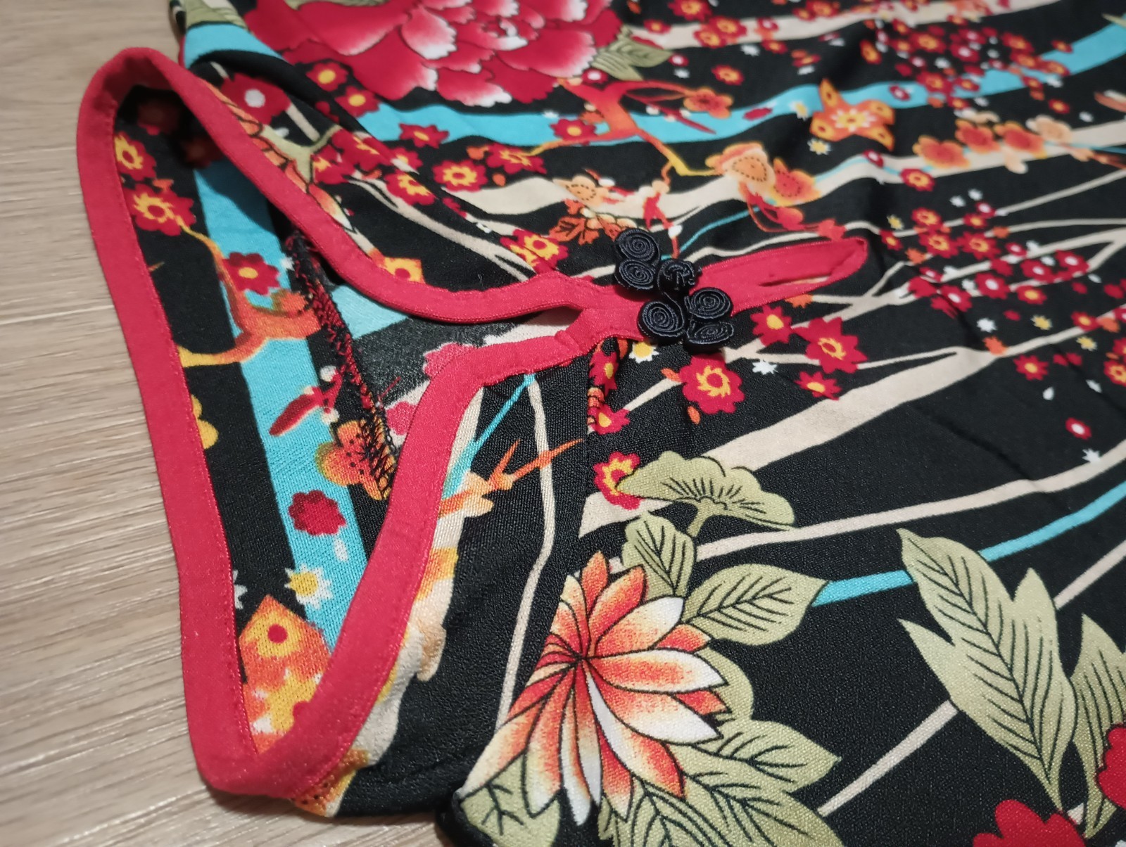 Vtg 90s Asian Art Artsy Painting Inspired Floral Mandarin Collar Stretchy Top XS