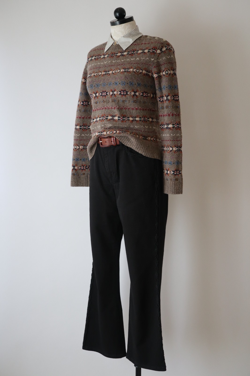 Ralph Lauren Beige Wool Cashmere Fair Isle Crewneck Handknit Sweater Women XS S