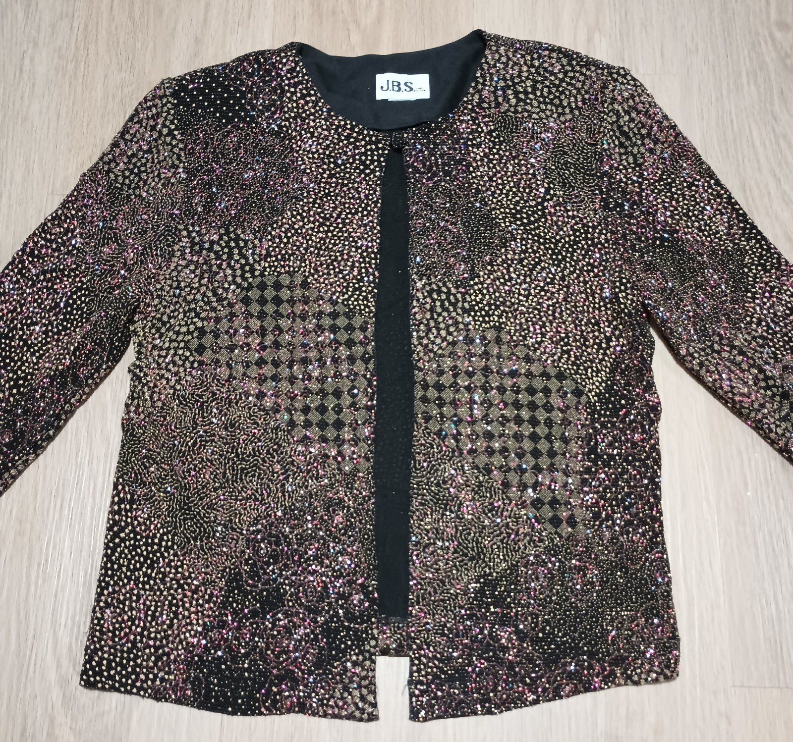 Vtg 80s J.B.S. LTD. Stretchy Metallic Jeweled Sparkly Color Open Front Jacket S