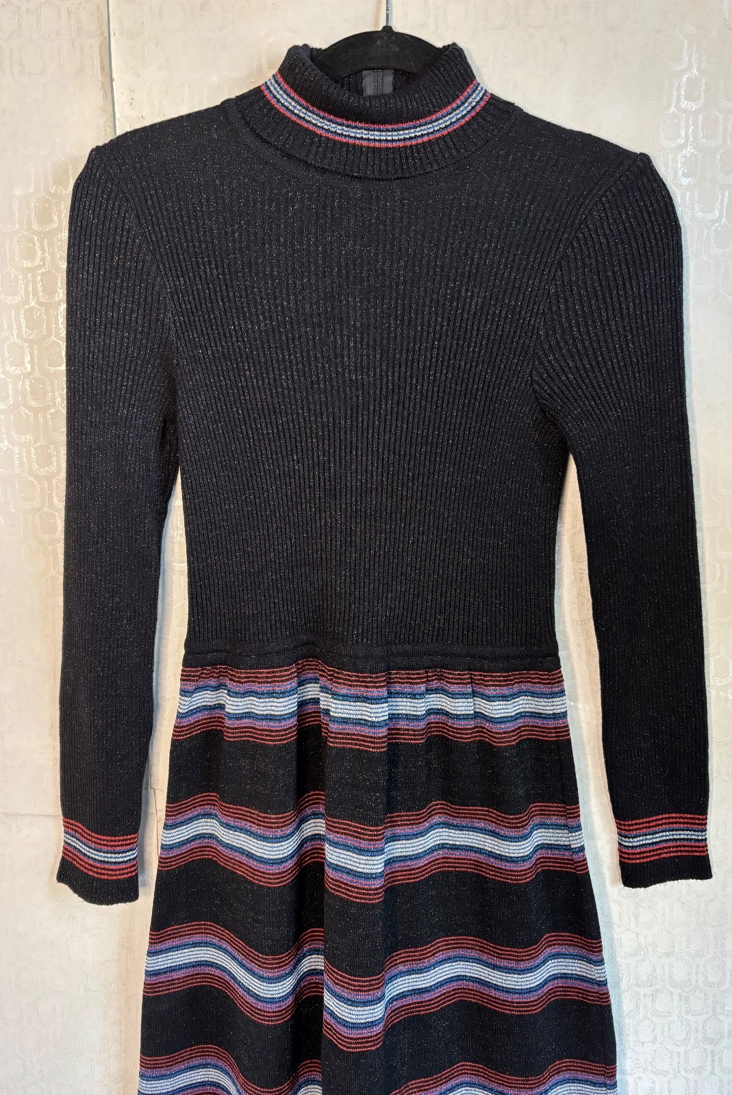 VTG 60’S CYN LES BLACK METALLIC STRIPED RIBBED STRETCH TURTLENECK MAXI DRESS S/M