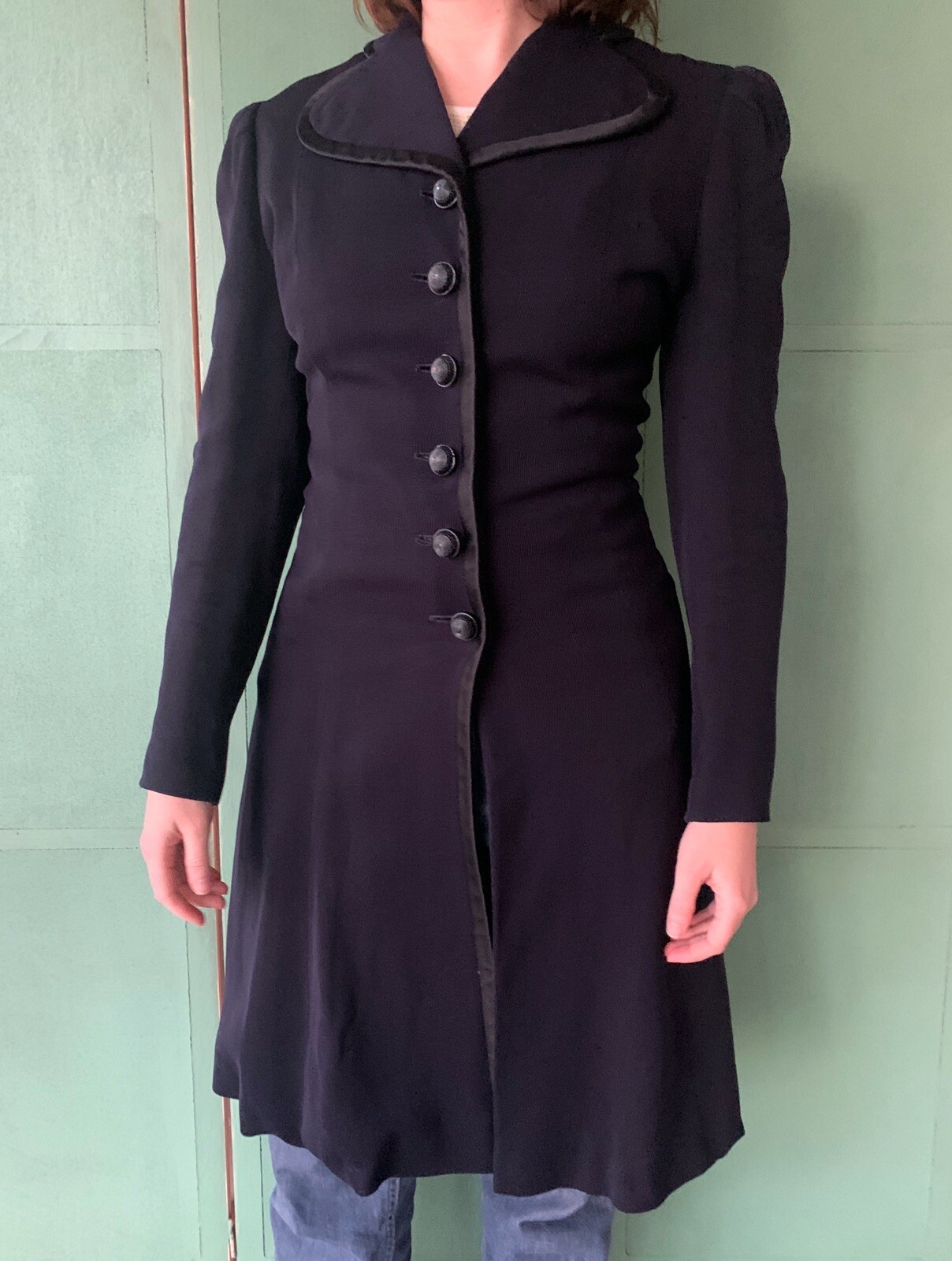 Vintage 1940s Navy Blue Princess Coat Wool Rayon Celluloid Buttons Size XS
