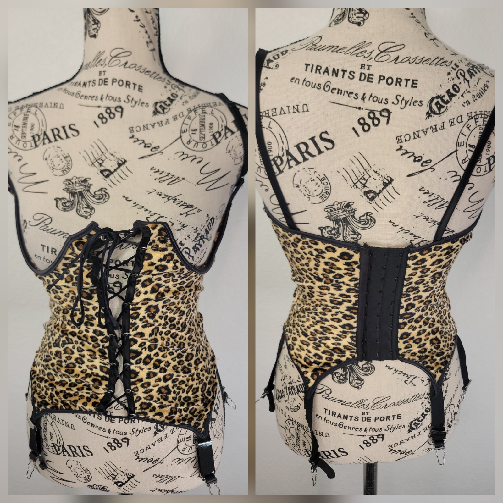 Vintage Velvet Lace Up Cheetah Print Corset Sz Small „Shame” Brand Sz 6 Garters
