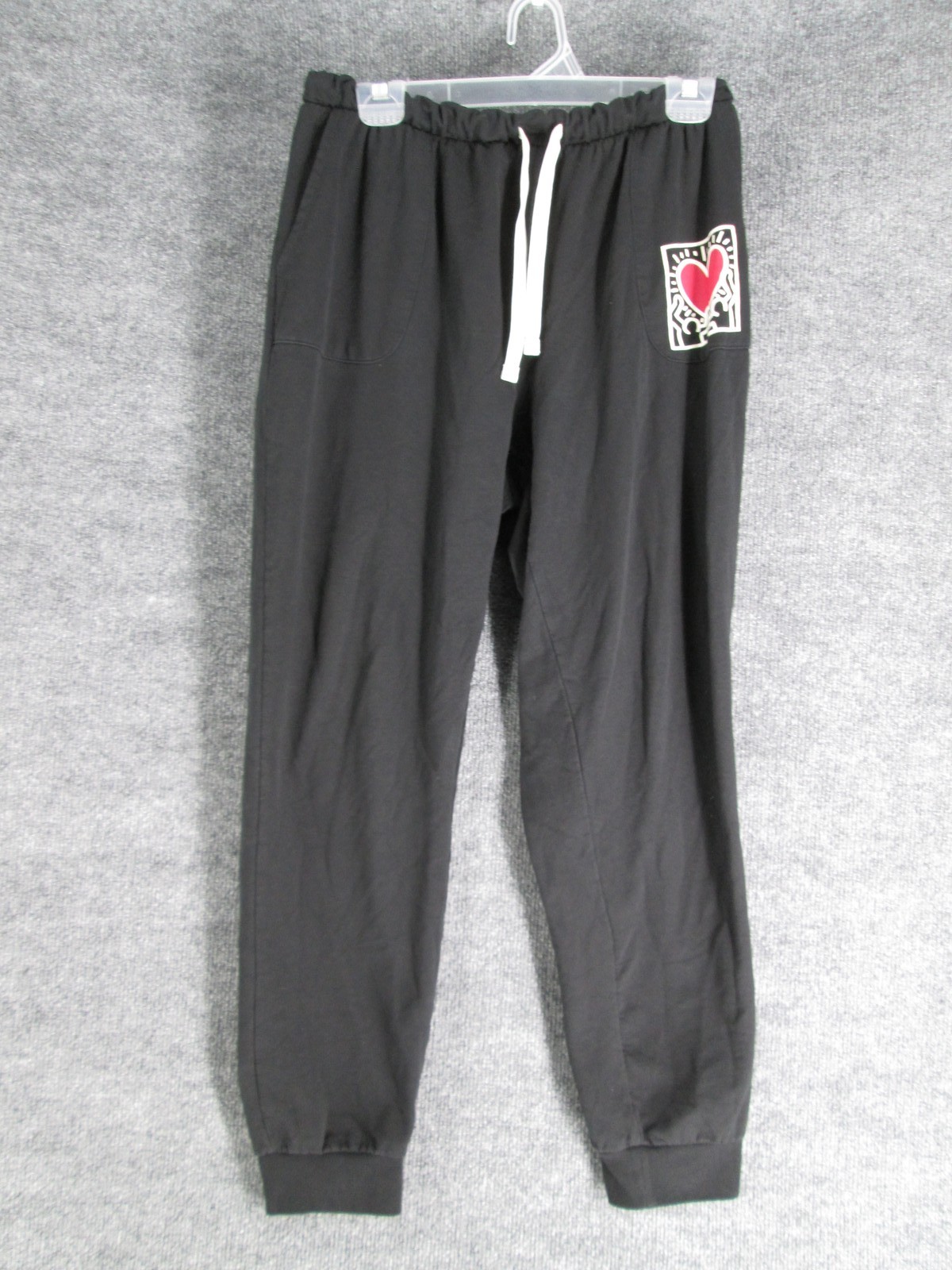 Keith Haring Black Jogger Sweatpants Drawstring Heart Graphic Size L