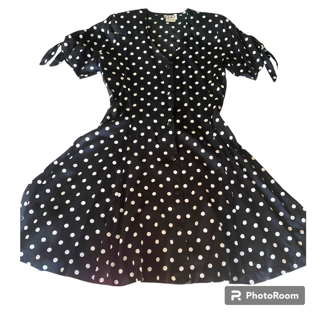 Clio Petites Vintage 80s Women’s button down black/ white Polka Dot Dress sz 8P