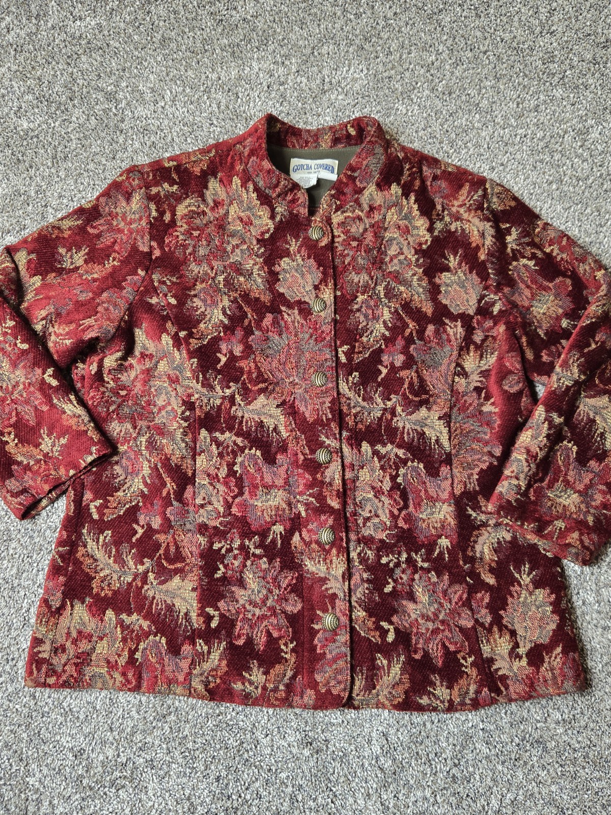 Vintage XL Floral Tapestry Style Jacket Gotcha Covered Maroon Metal Buttons