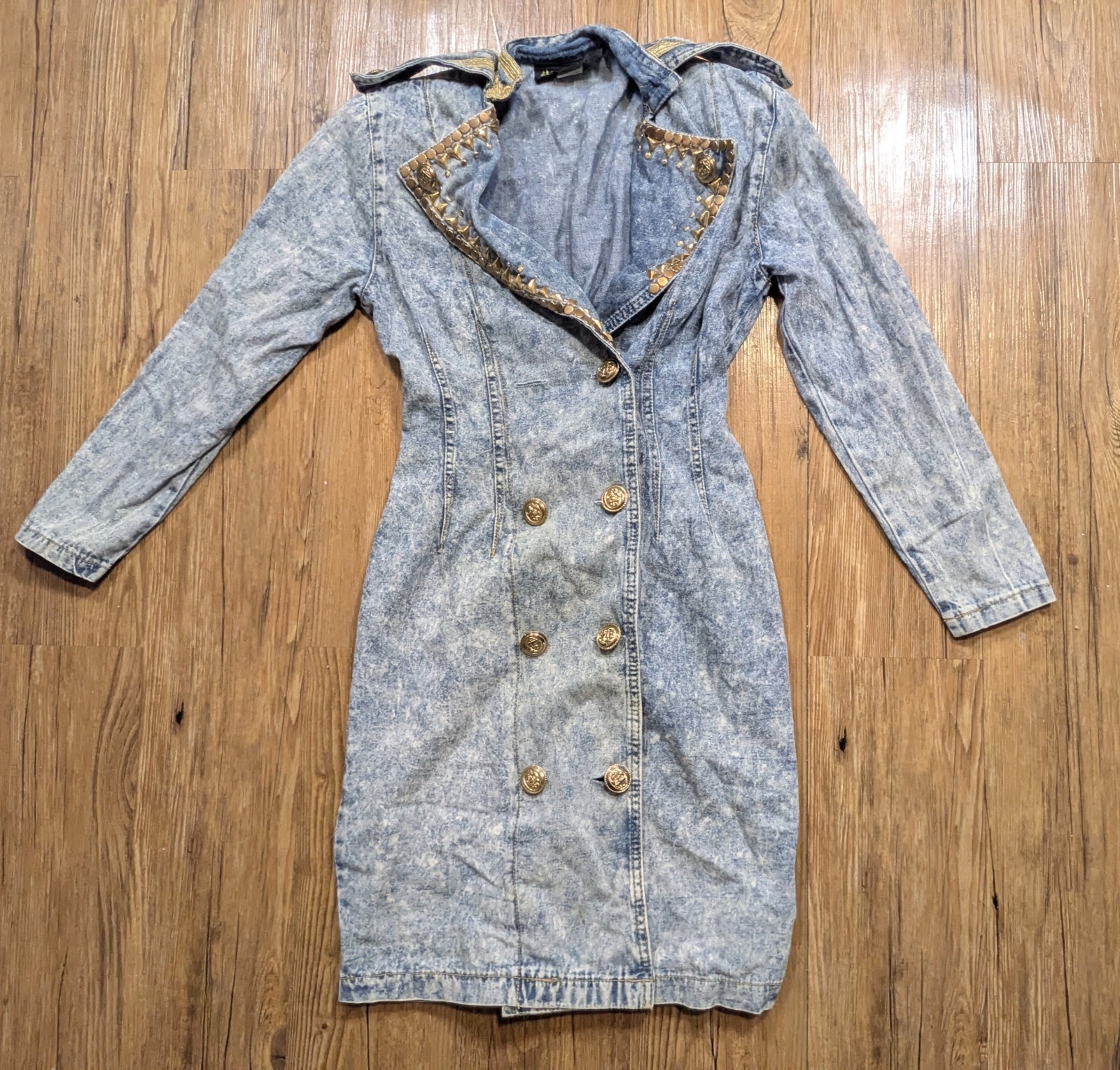 Vtg 80’s Monique Fashions Embellished Denim Jean Dress Acid Wash Size XS B78