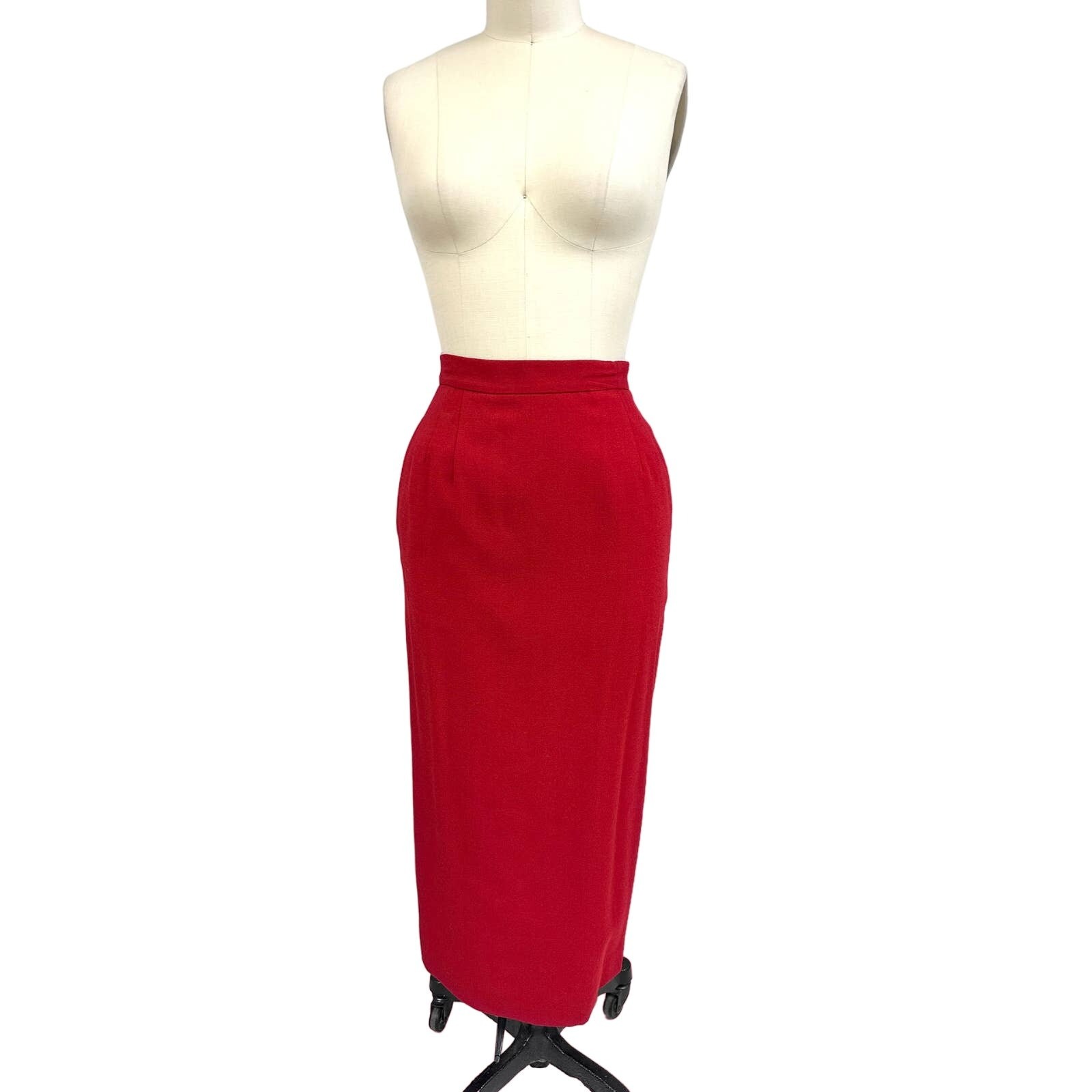 VTG 80s Red Wool Power Suit Black Bow Bustle Pencil Skirt Femme Fatale 4