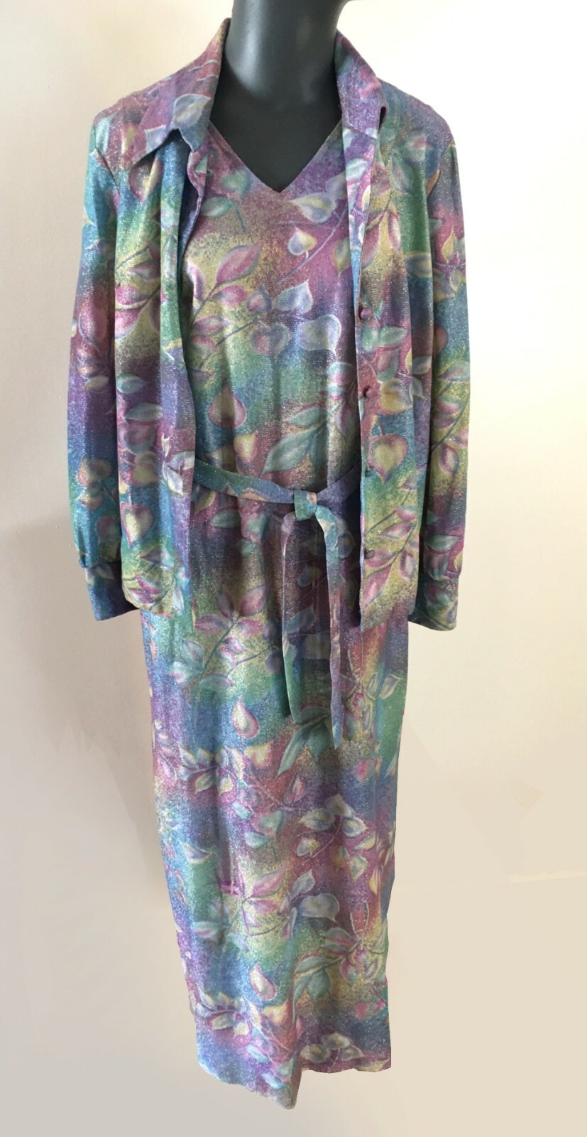 60s Size 16 Bust 38 Lurex Long Dress Jacket Belt VTG Maxi Prom Evening Gown Boho