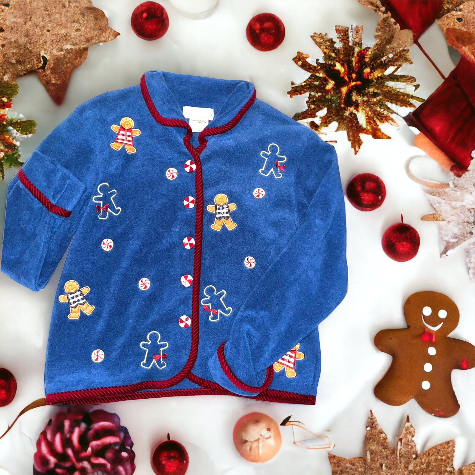 NWT VTG 1990s Mandal Bay Peppermint Candy Gingerbread Christmas Fleece Jacket S