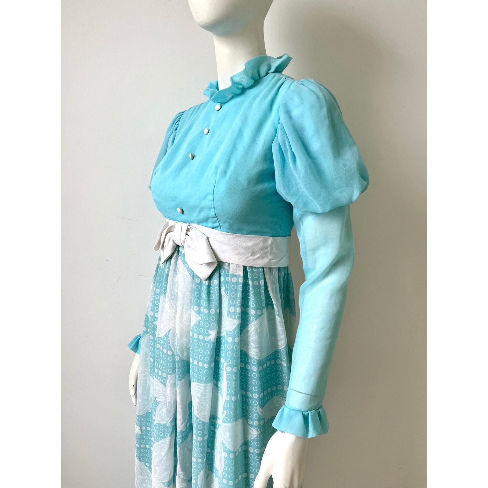1970s Jumpsuit / 70s Blue Leg of Mutton Sleeve Wide Leg Jumpsuit / Extra Small