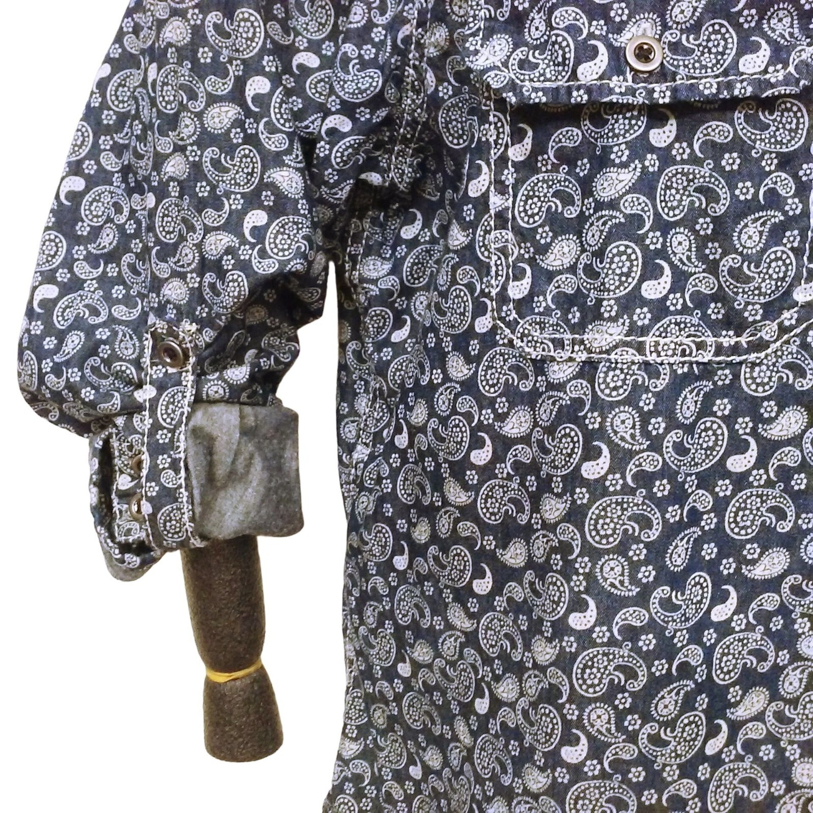 Seven7 Luxe Top Shirt Plus(18/20) Paisley Chambray Cotton Pockets Button-up Navy