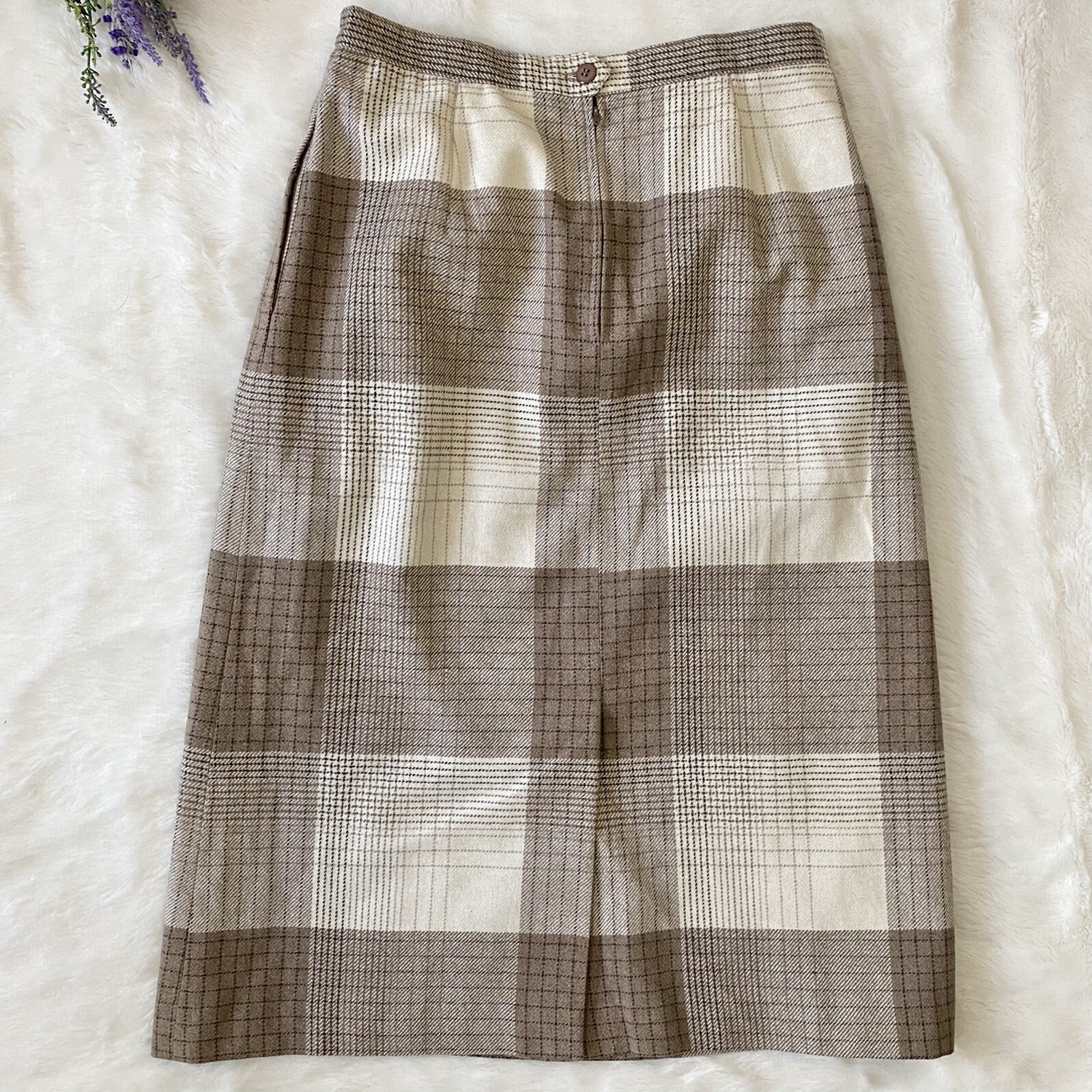 Prestige Of Boston Vintage Plaid Wool Pencil Skirt Beige & Cream Size 14 Classic