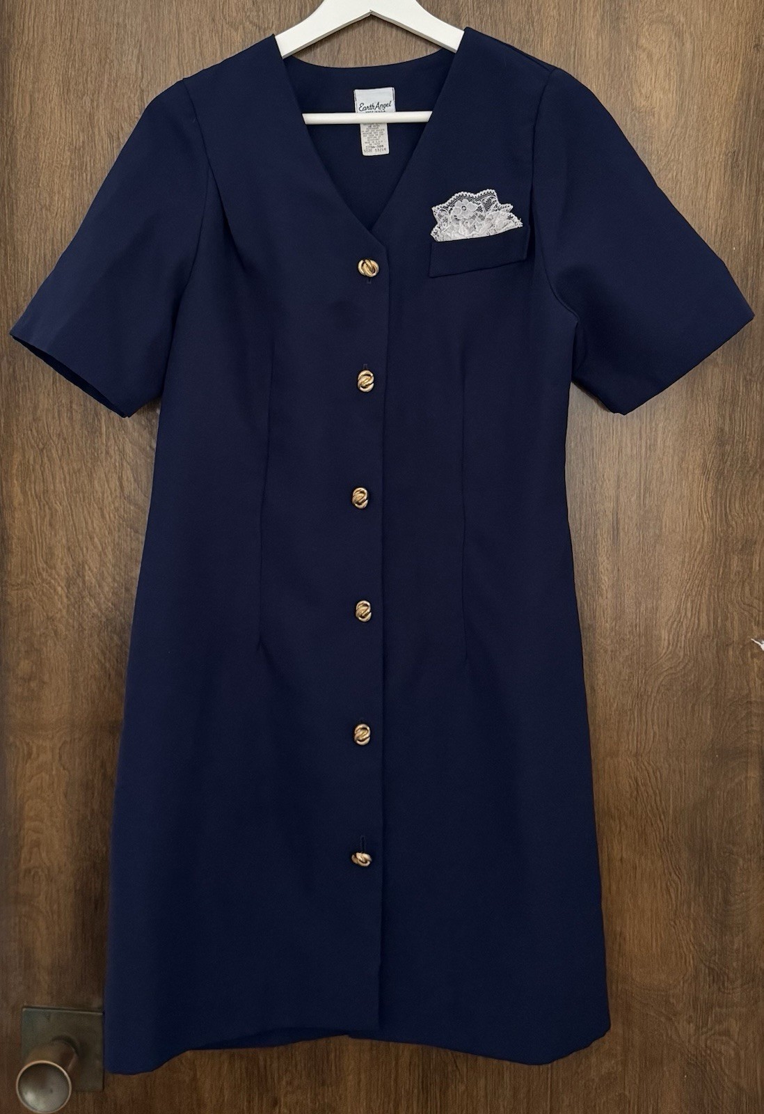 Vtg Earth Angel Dress in Navy Blue with Gold Buttons/cute Pocket 13/14 Shift