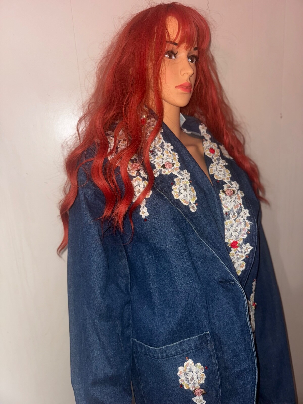 Rare Lacy afternoon vintage 80s Embellished Denim Jacket xl Sequin Victorian