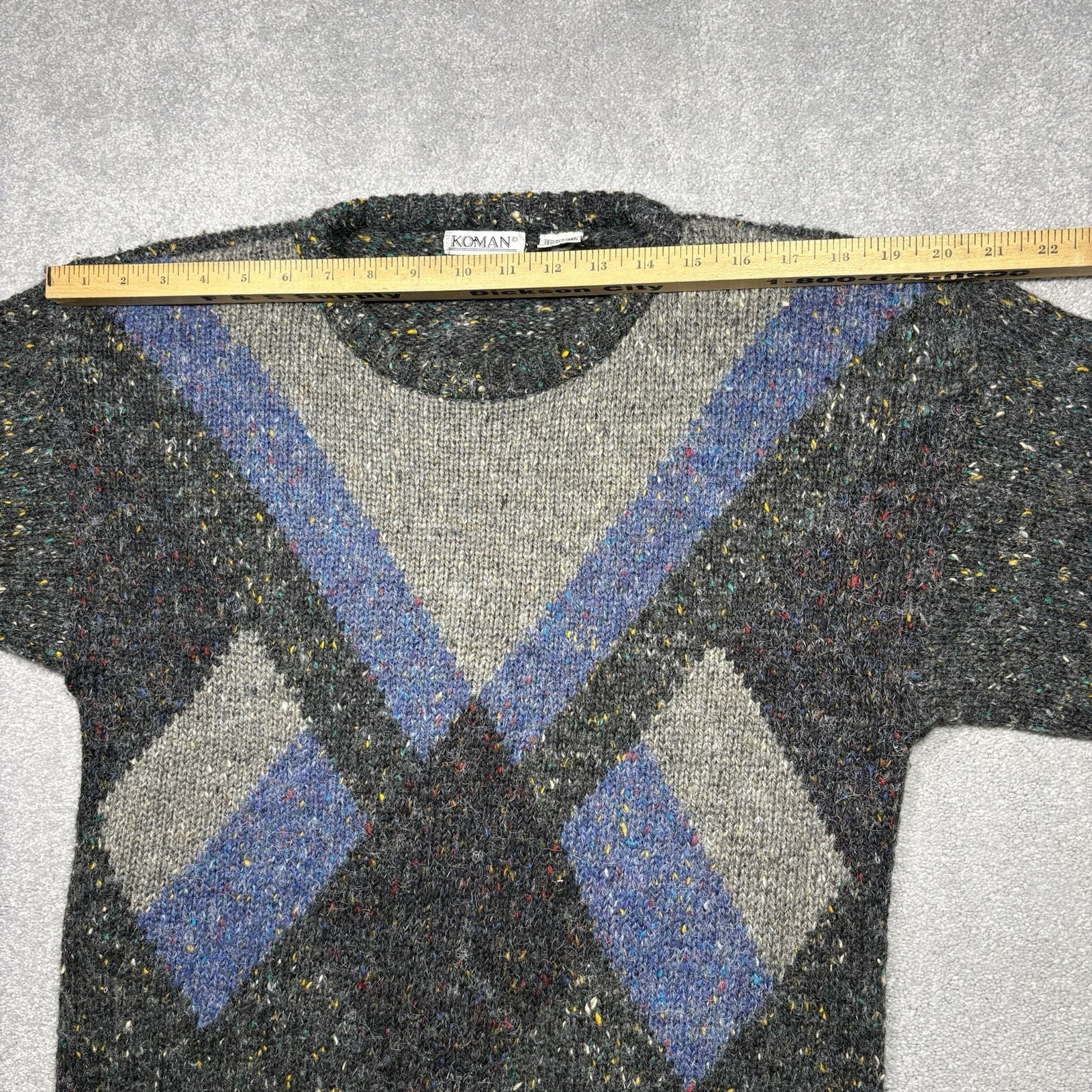 1980s Koman Knit Sweater Wool Blend Confetti Gray Geometric Size Large Vintage