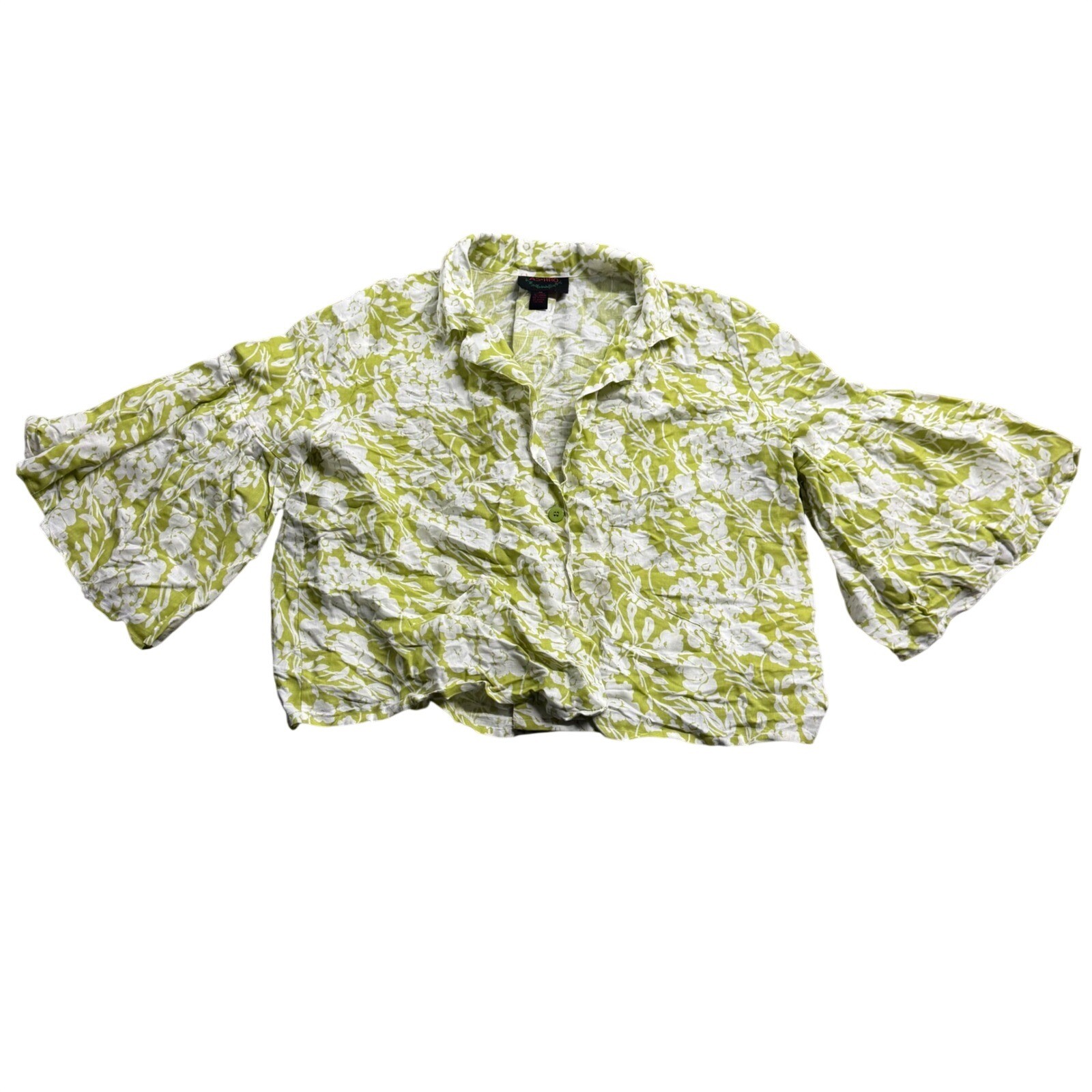 Ashro Green Floral Linen Pleated Bell Sleeve Blouse Jacket S/20 Boho Retro
