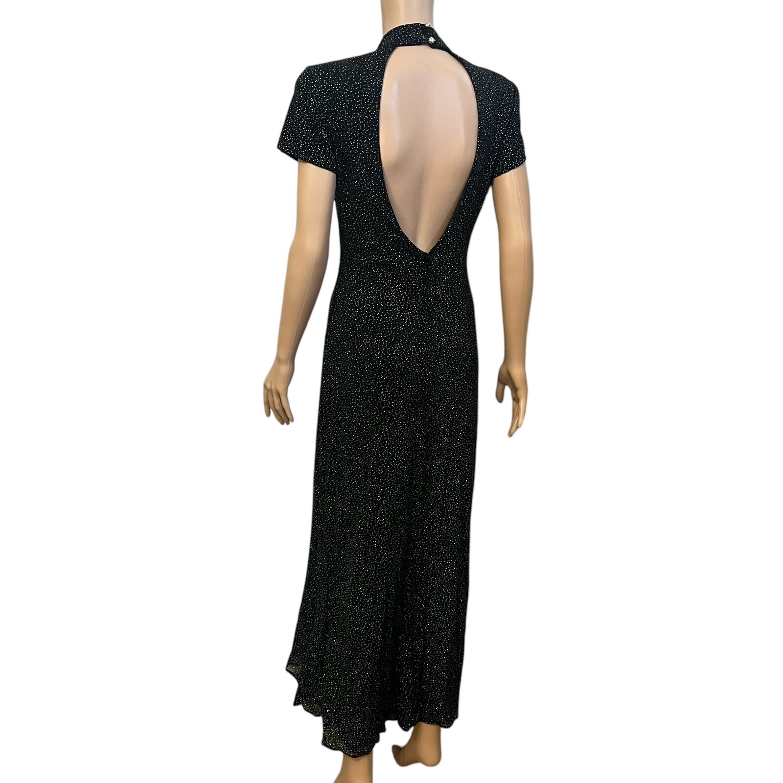 90s VTG Niki By Niki Livas Glitter Maxi Dress Medium Open Back Prom Party Disco