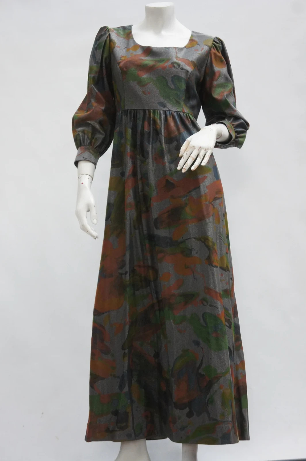 Vintage 60s Metallic Empire Waist Maxi Dress Retro Boho Hippie