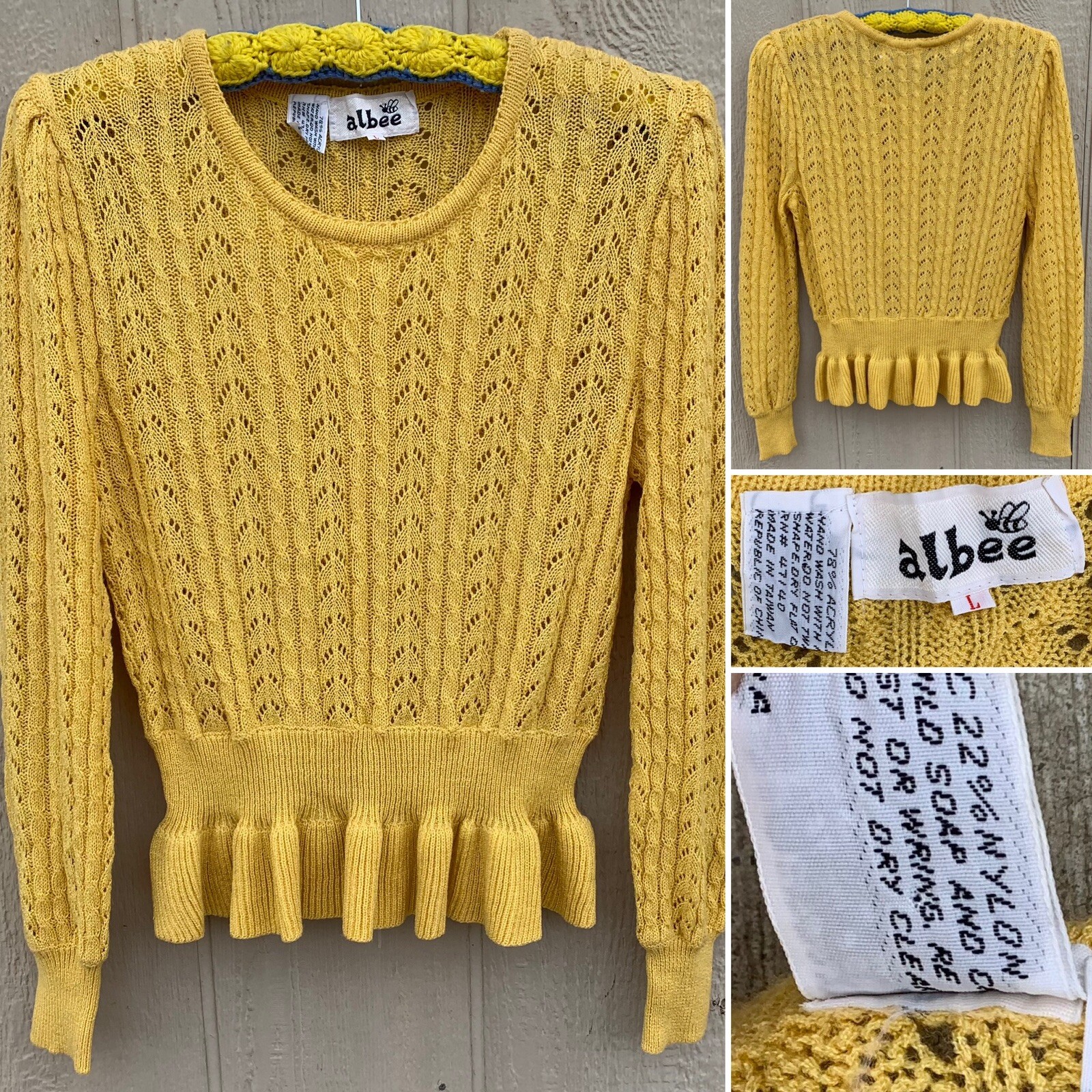 Vintage Albee Peplum Sweater 78% Acrylic 22% Nylon 70s 80s Hippie Chic L