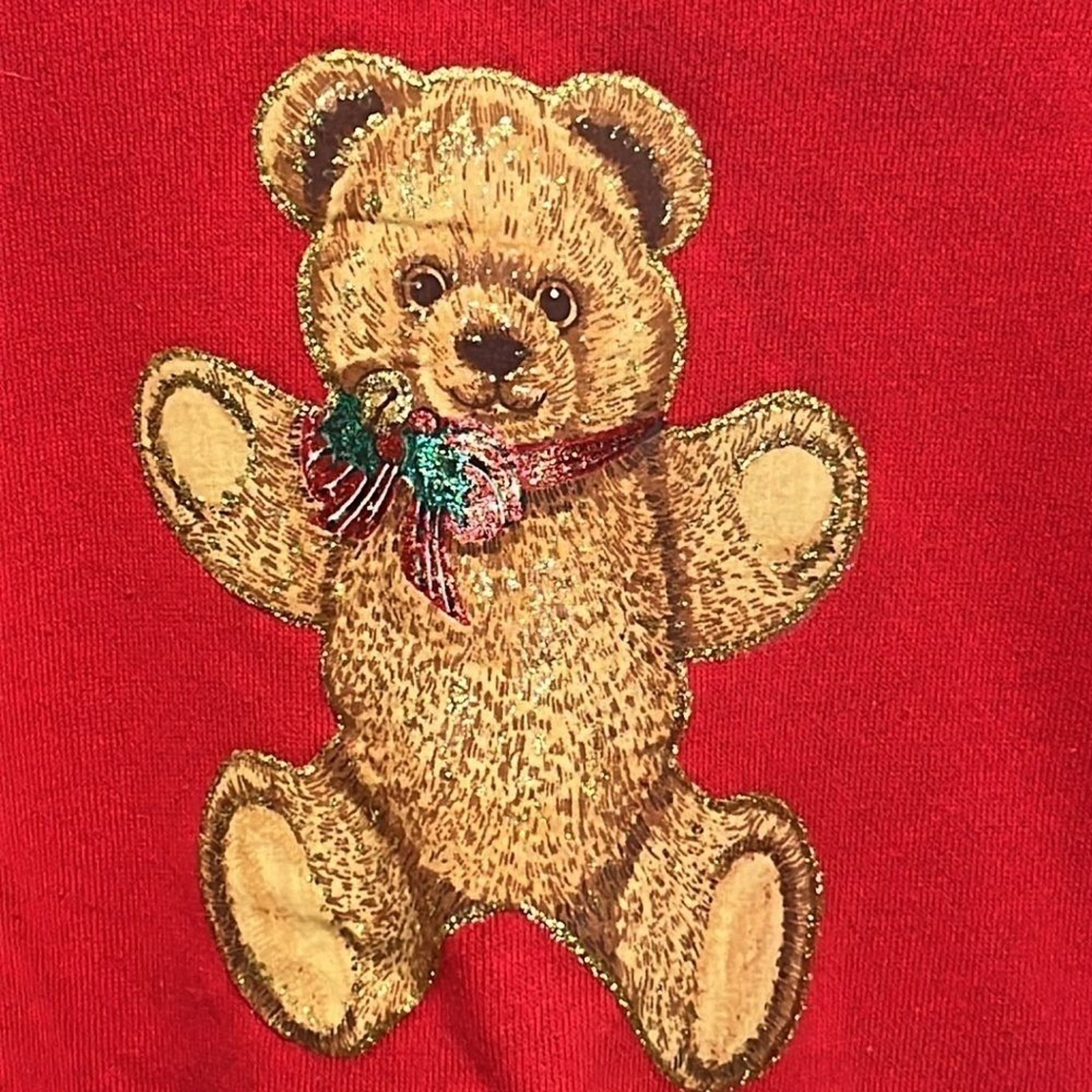 90s Vintage Made in USA Red Hanes Sweatshirt with Sparkle Puff Paint Bear