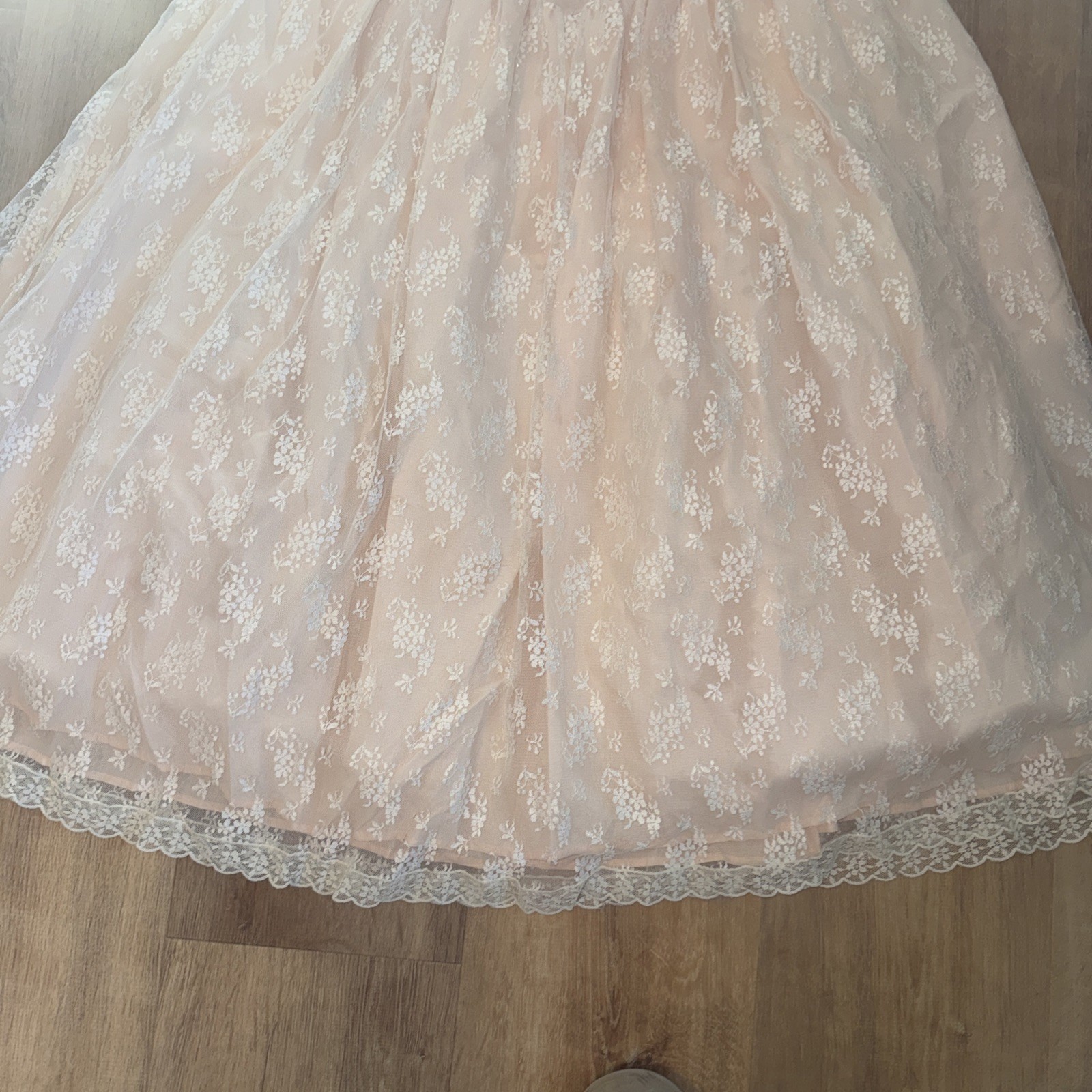 Vintage McCLINTOCK Peach Tea Dress Lace Floral Size 14 Cap Sleeve Open Back