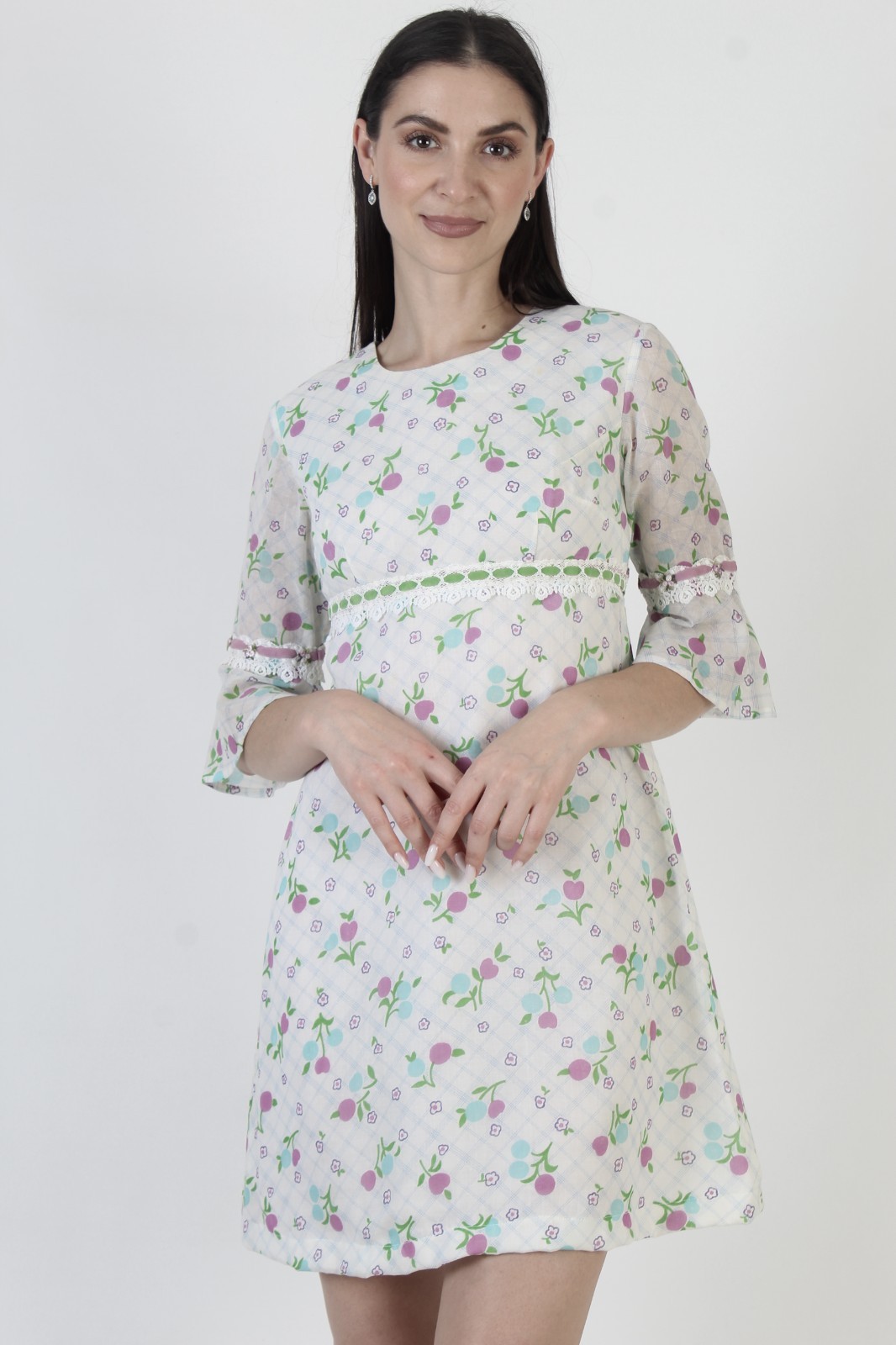 Vtg 70s White Fruit Print Dress High Waist Bell Sleeve Prairie Cottage Mini