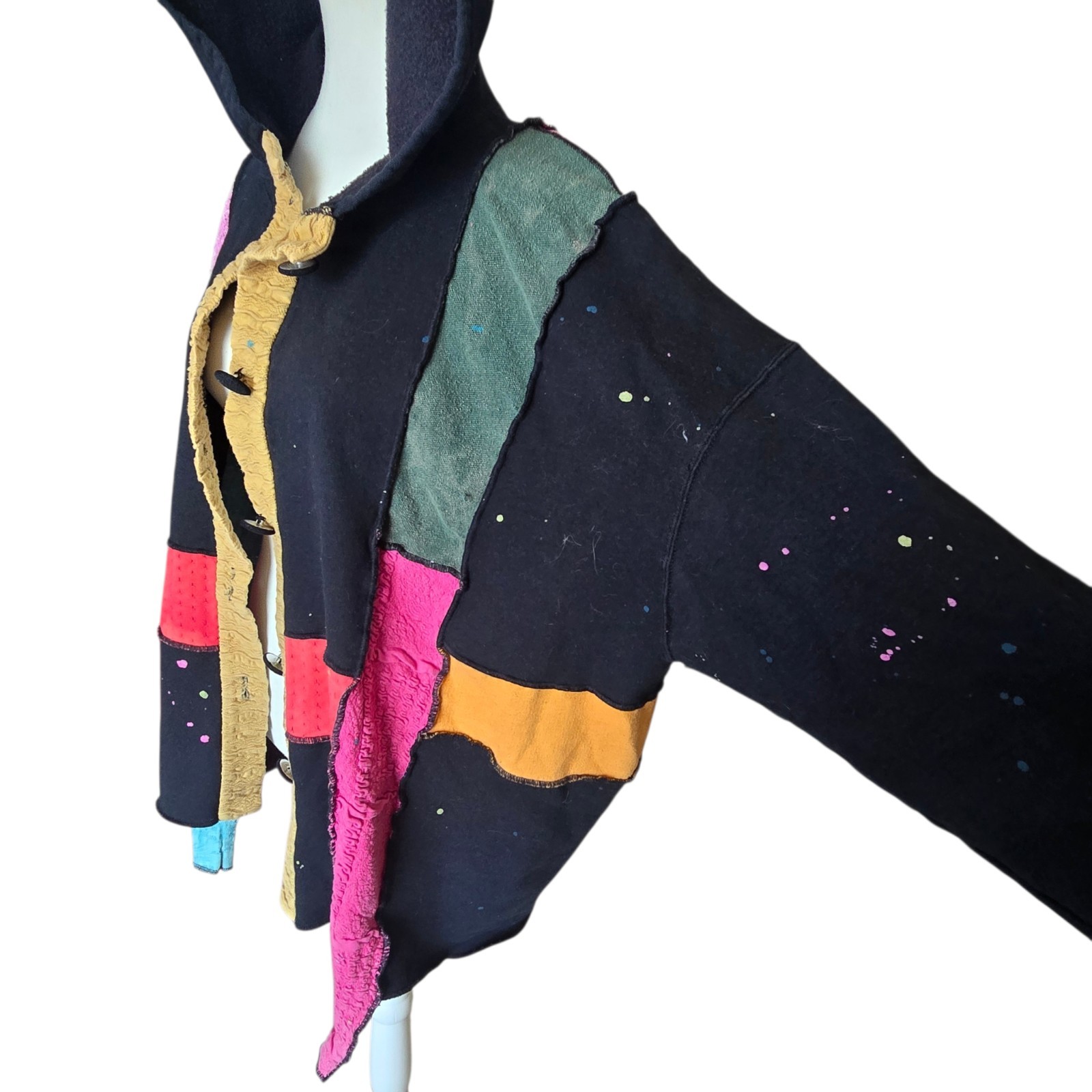 RareVintage Patchwork Mixed Media Artistic Grunge Boho Hippie Hooded Button Down