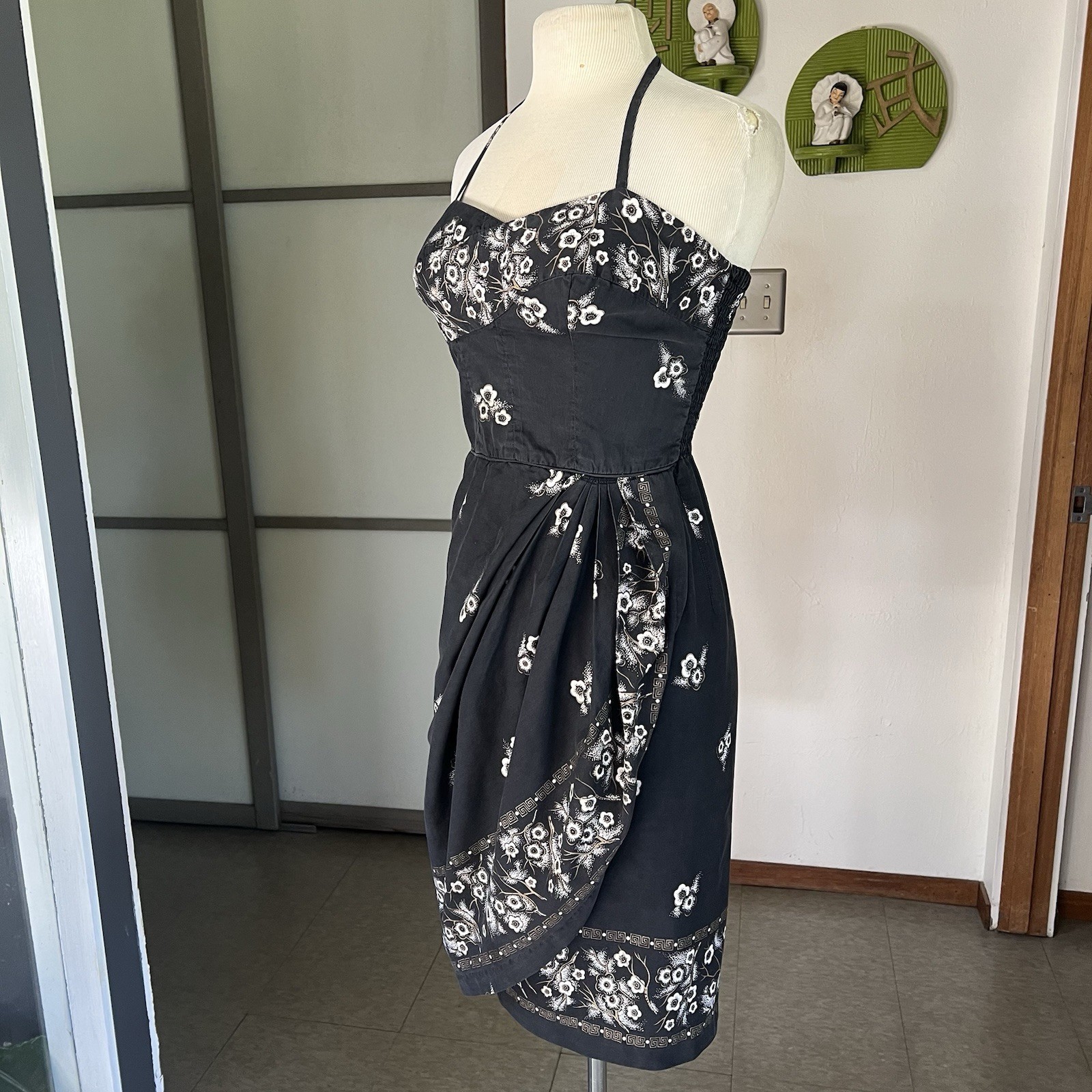 1950s Or 60s Tiki Sportswear Black Border Print Hawaiian Sarong Dress 26-27w