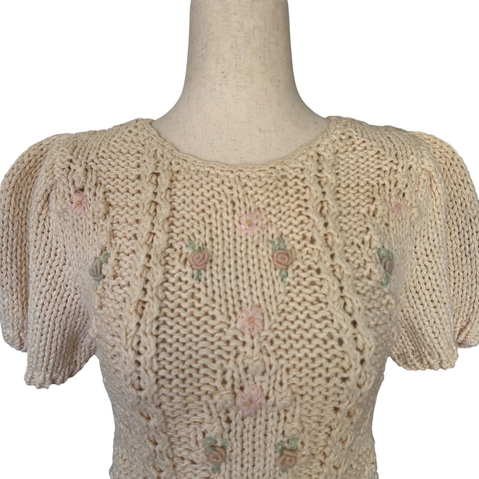 Vintage 80s Hand Knit Sweater Floral Embroidery Puff Sleeve Coquette Cottage