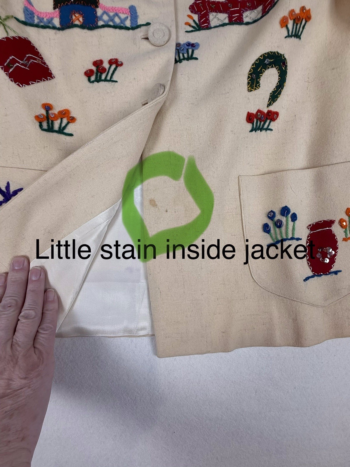 Vtg 1950s Beige Wool Mexican Souvenir Jacket W People Palms Cactus Village Life
