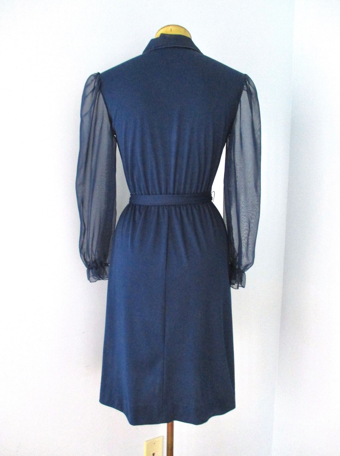 Vtg 70s Blue Poly Chiffon Knit Dress Sheer Puff Sleeves Tuxedo Ruffle PS or S