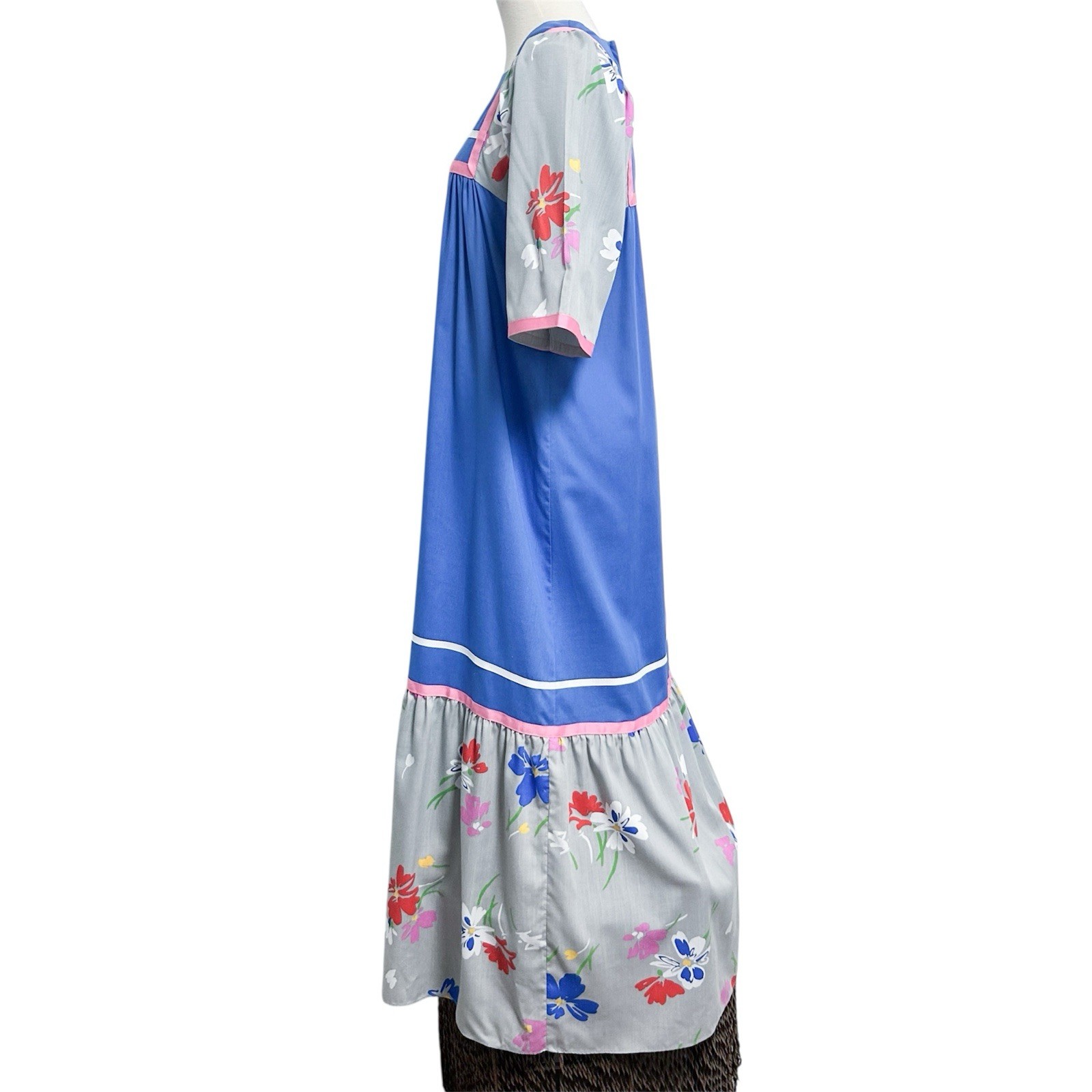 Carol Bennett Vintage Blue Grey Pink Floral 1/2 Puff Sleeve Long Mumu Medium