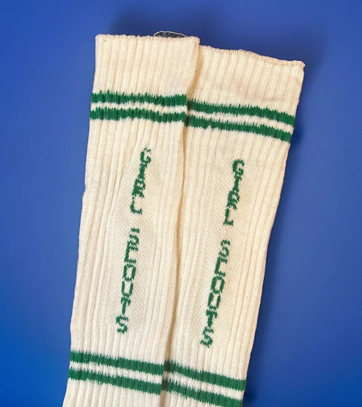 VTG Socks Girl Scouts Crew Over Calf 9-11 Acrylic Striped 80’s Green USA Made.