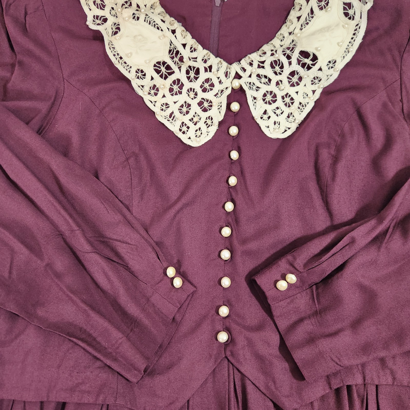 Vintage Plaza South Plus 20W Burgundy Prairie Midi Dress Lace Collar Cottagecore