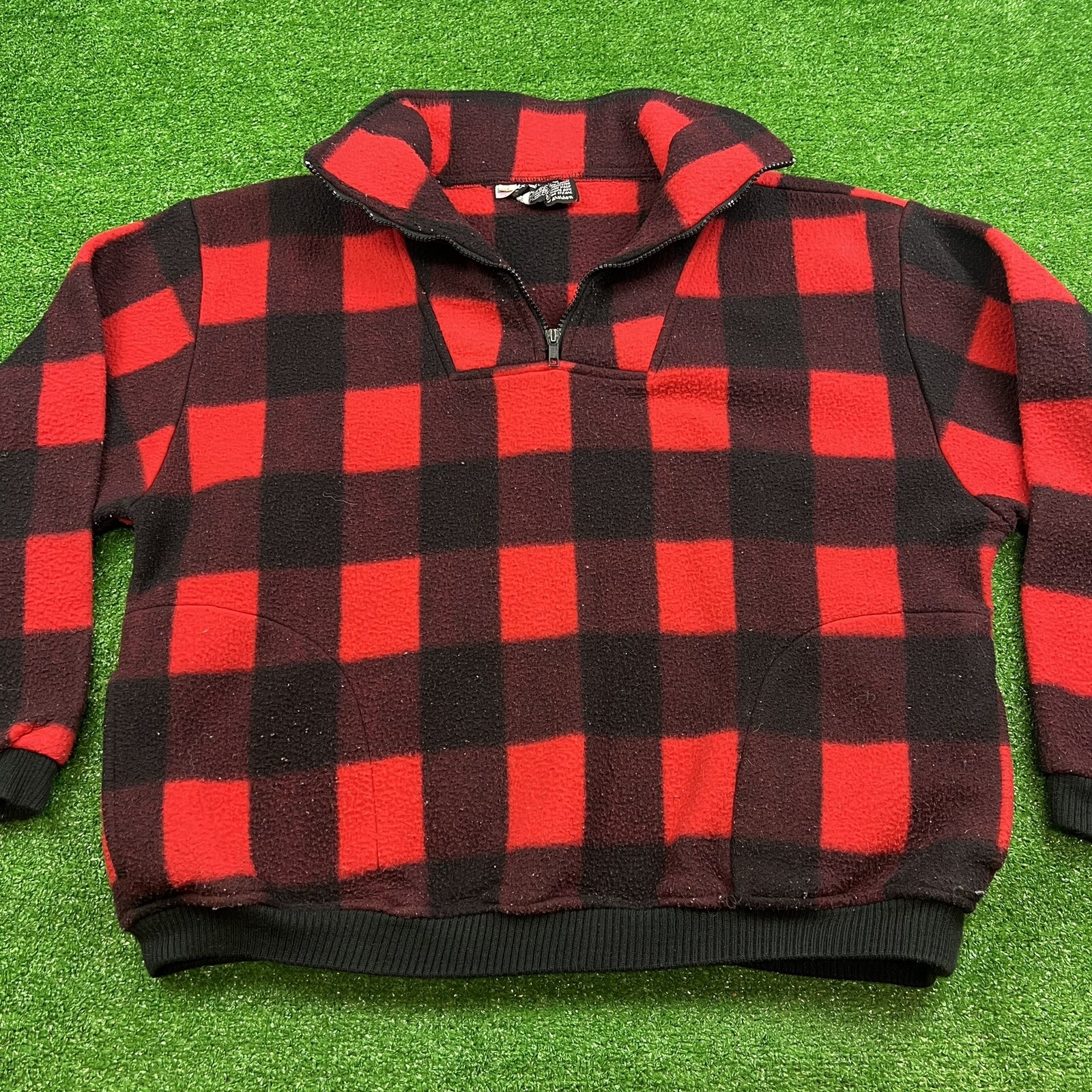Vtg Women’s XL Buffalo Plaid Red Black Polar Fleece 1/4 Zip Pullover Jacket USA!