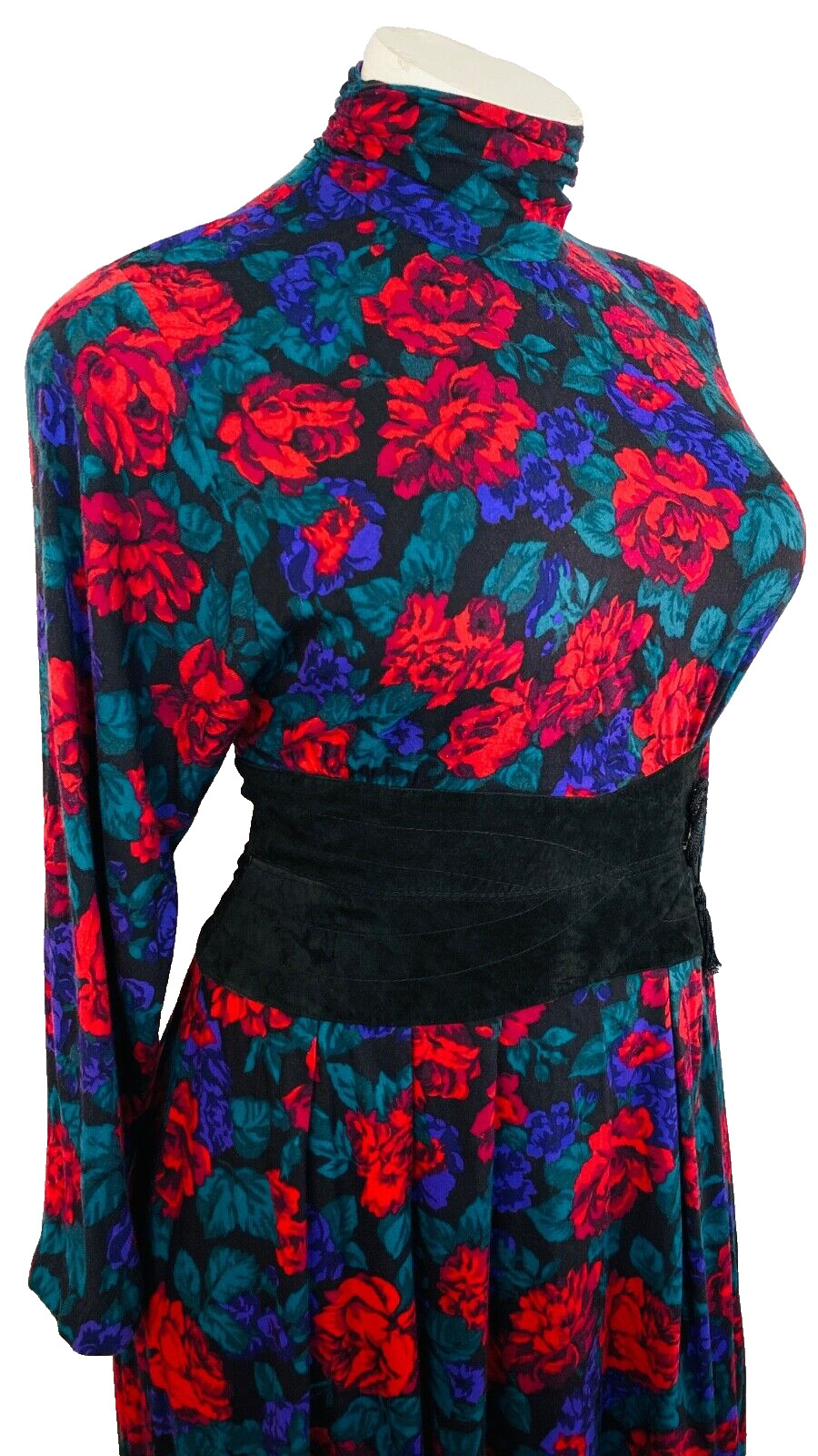 Vintage 1980s red purple floral midi dress, rayon suede waistband Victorian L XL