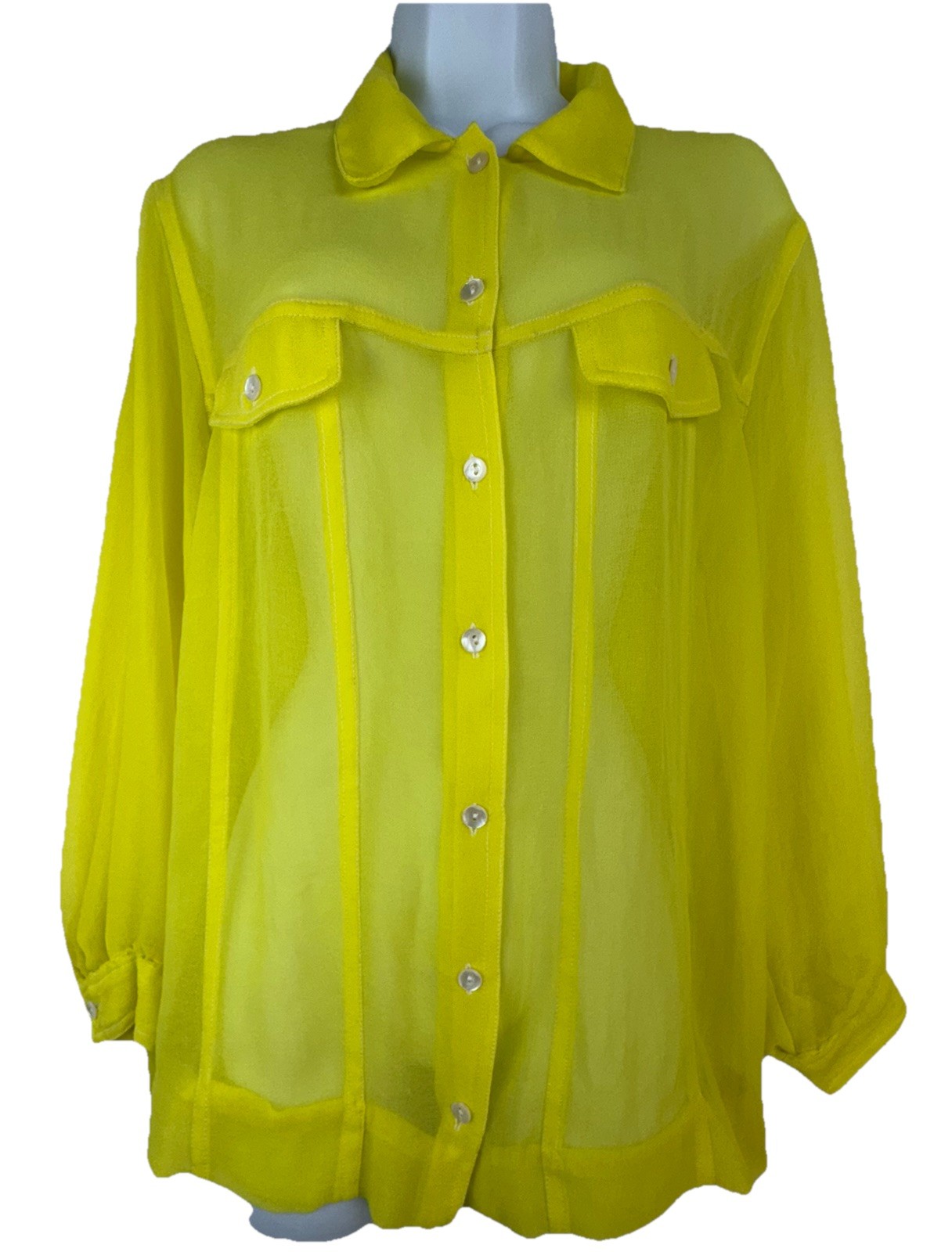 VTG Dress Barn Womens Top Sz 6 Yellow Sheer Mod 90s 3/4 Sleeve Button Down