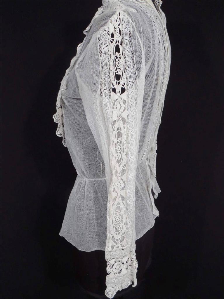 RARE ANTIQUE FRENCH VICTORIAN WHITE COTTON NET AND LACE BLOUSE SIZE 36-38