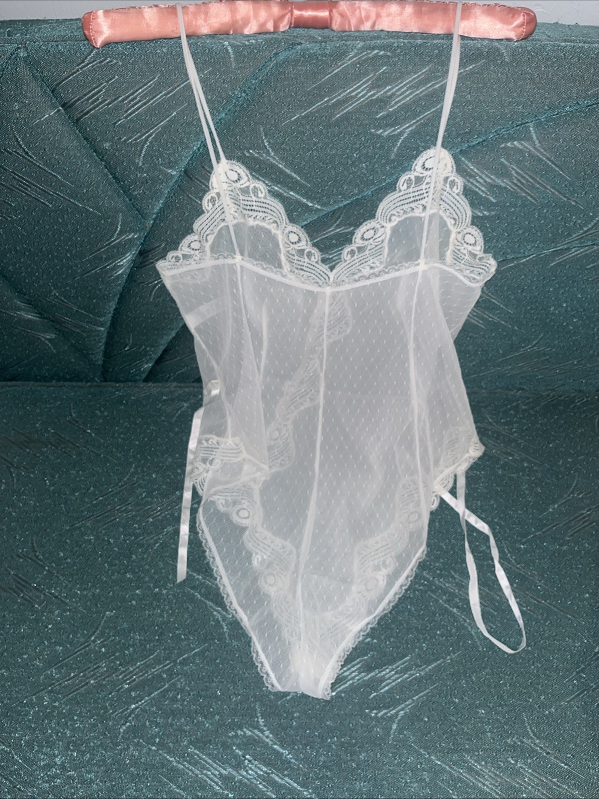 VTG Olga White Net Lace Trim Nylon Bodysuit Teddy Style 11020 Size 36 Romper