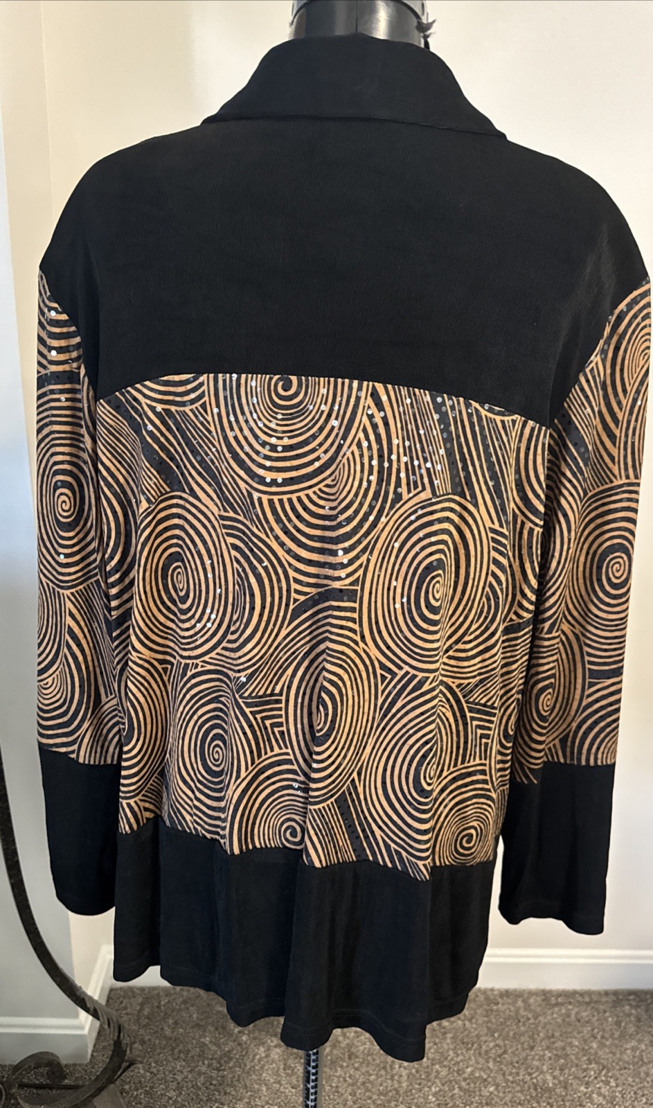 VTG 80s KOKOMO Open Knit TUNIC jacket sequin Geometric Brown Black Womens 1X USA