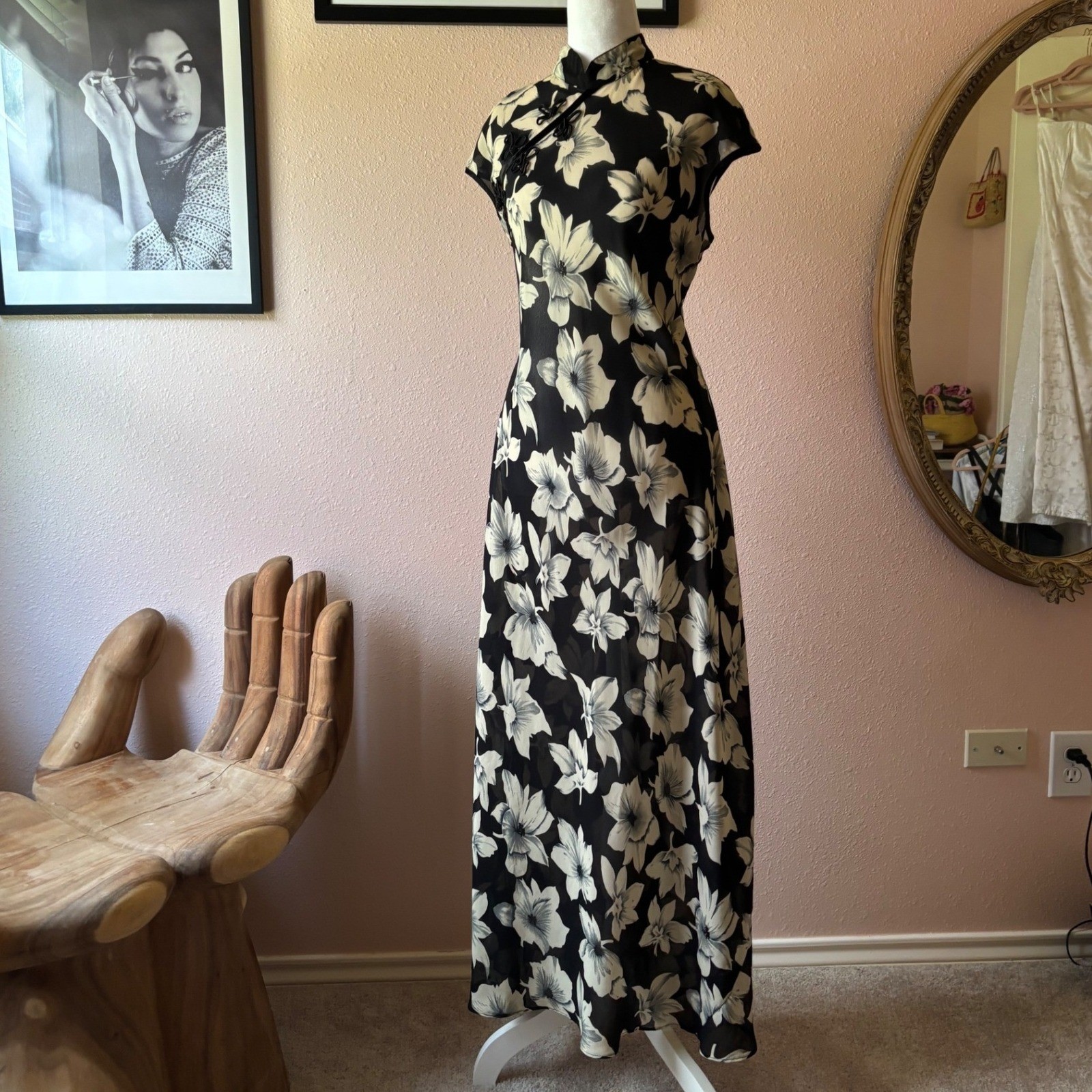 Vintage 80s / 90s Cheongsam Style Floral Maxi Dress