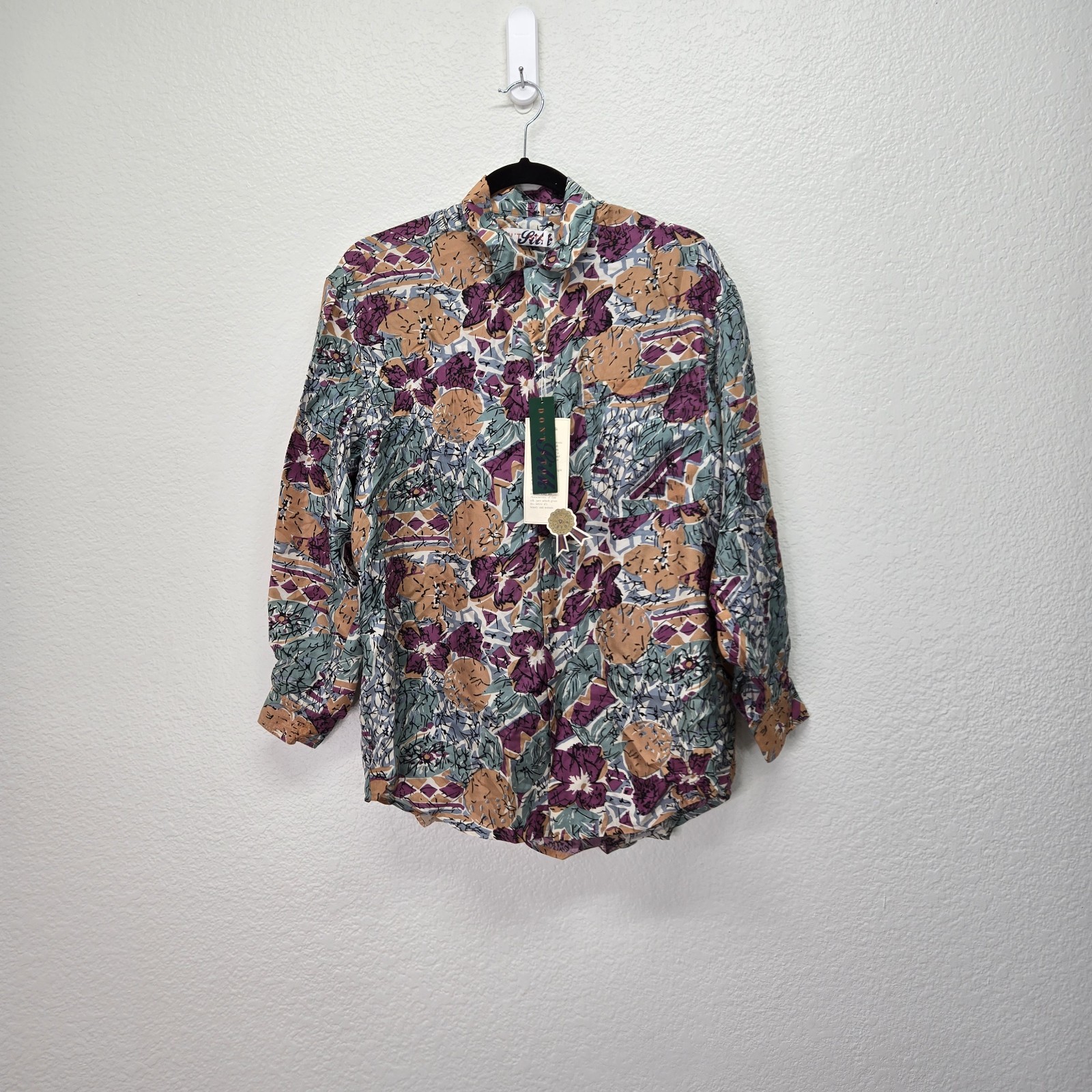 VTG 90s Dont Stop Washed Silk Shirt Blouse Abstract Floral Art to Wear M NWT