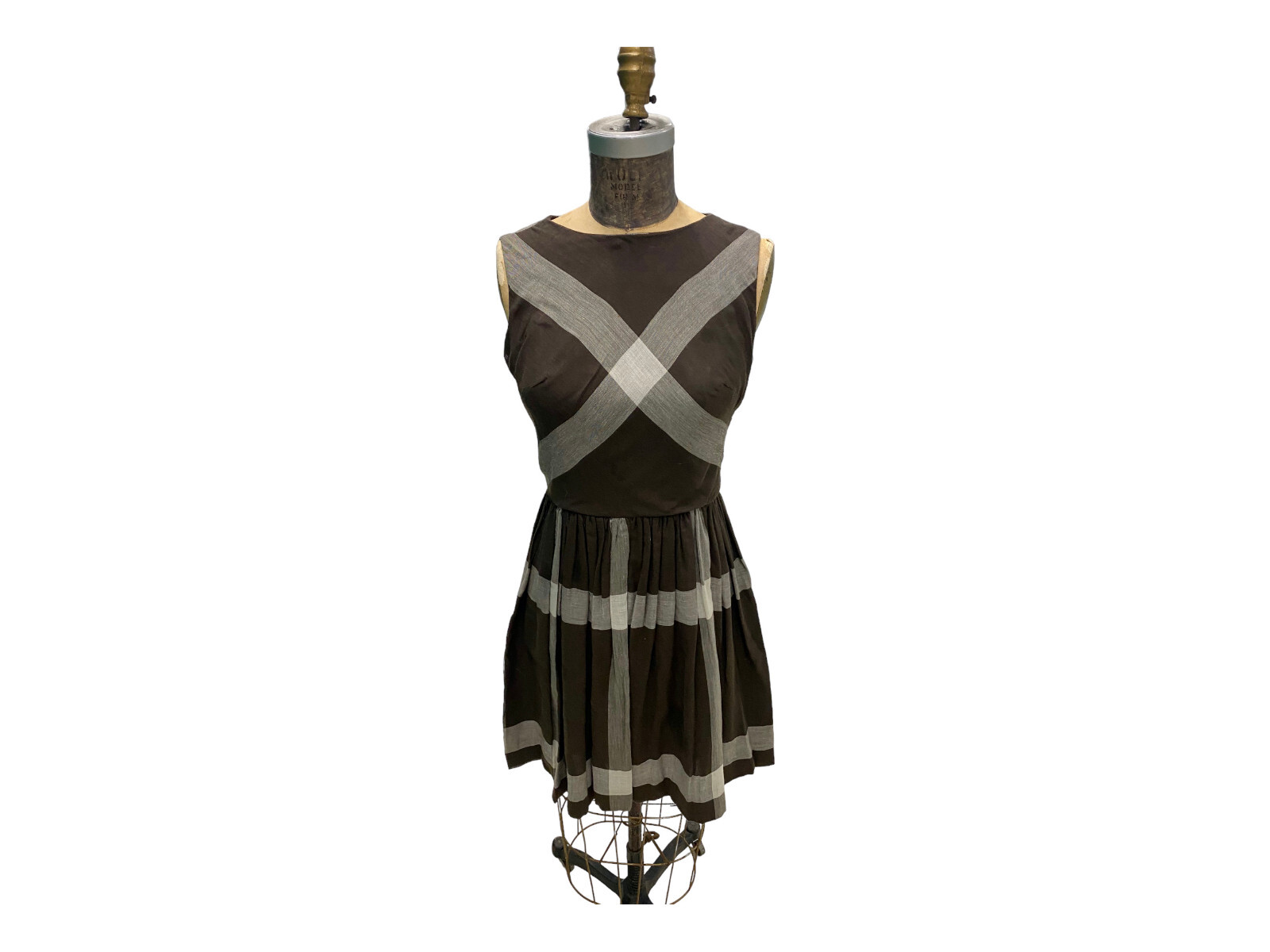 Vintage 1960s Brown Gray Striped Cotton Fit & Flair Dress Small