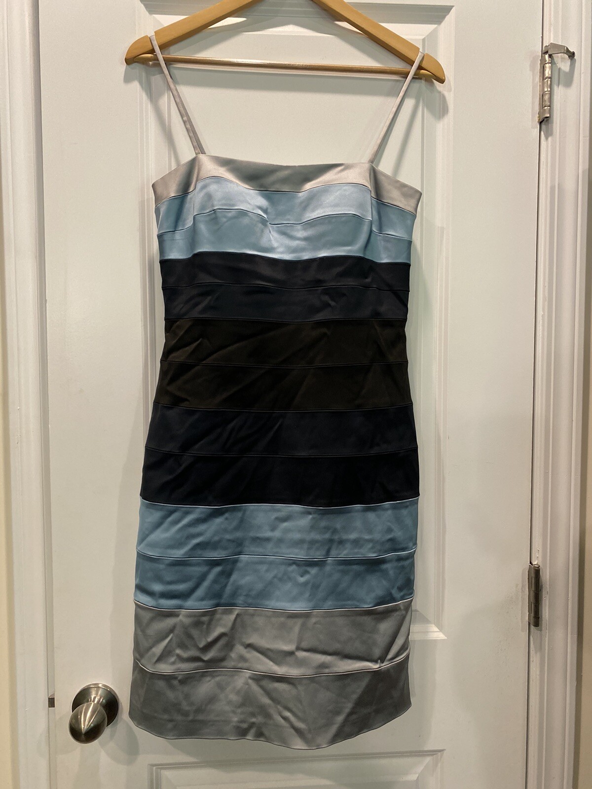 Vintage Oleg Cassini Blue Grey Black Pleated Sleeveless Stretchy Dress Size 6