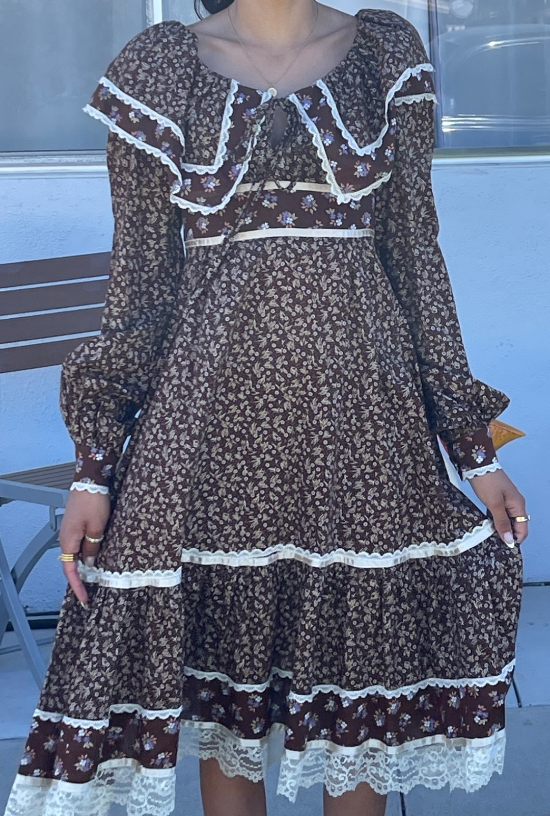 Vtg 1970s Gunne Sax Style Brown Calico Prairie Dress Ruffle Midi Small~Tag Cut