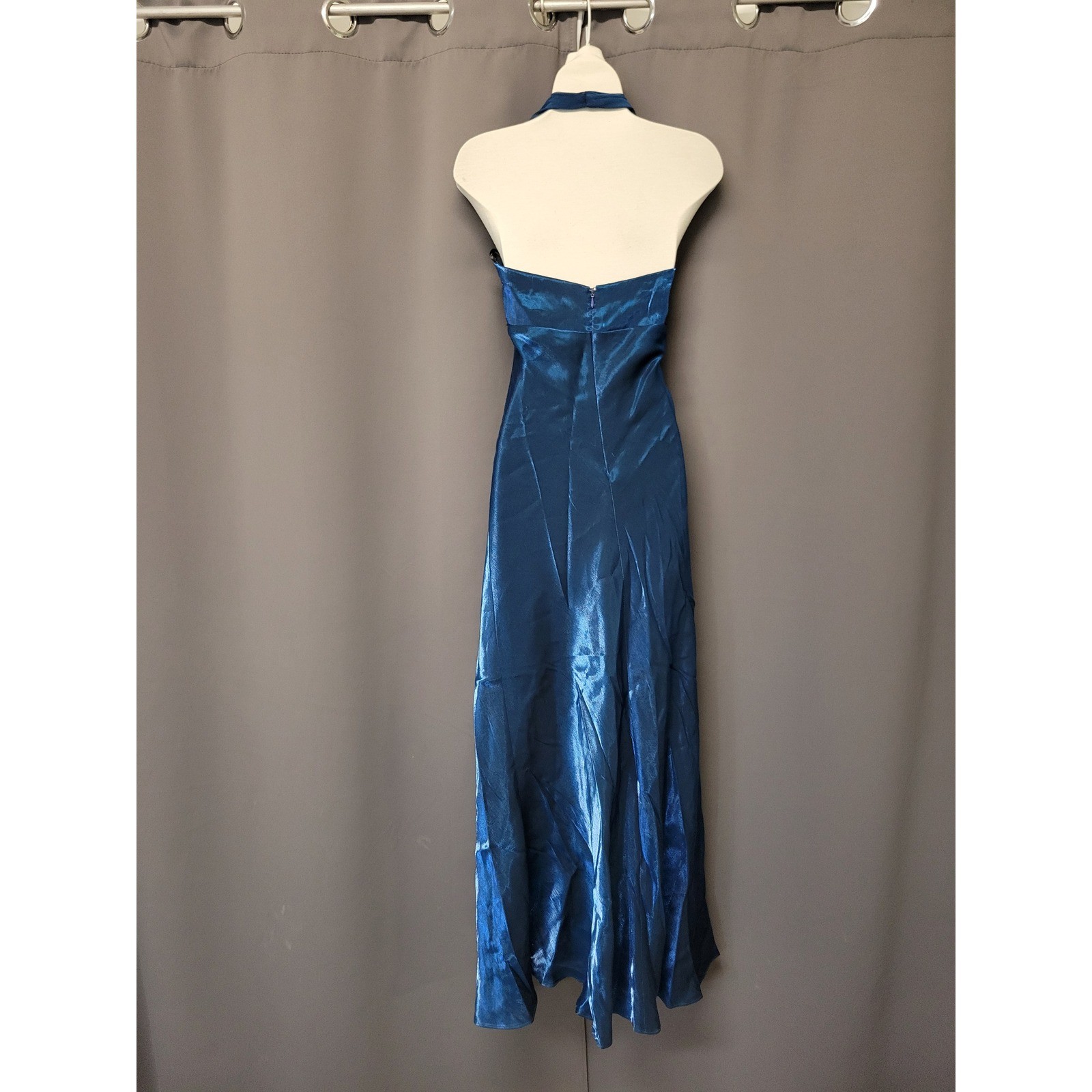 Vintage 90s Betsy & Adam Gown Teal Blue Iridescent Halter Rhinestone Slit Maxi 6