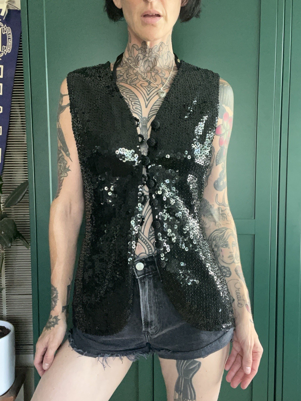 Vtg 60s Valentina Ltd Wool Black Sequin Top Vest Mod Hong Kong Old Hollywood M