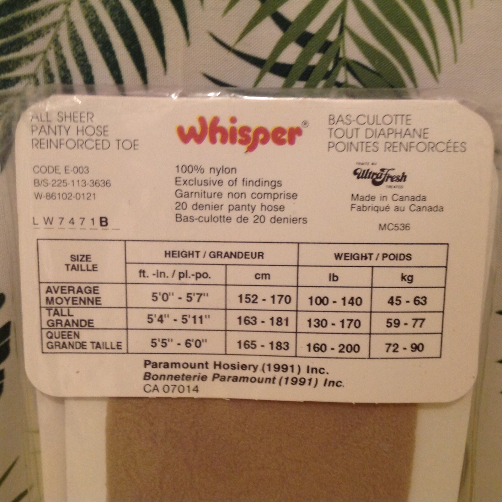 Vintage Pantyhose Whisper All Sheer Color Oyster Size Tall BC003A
